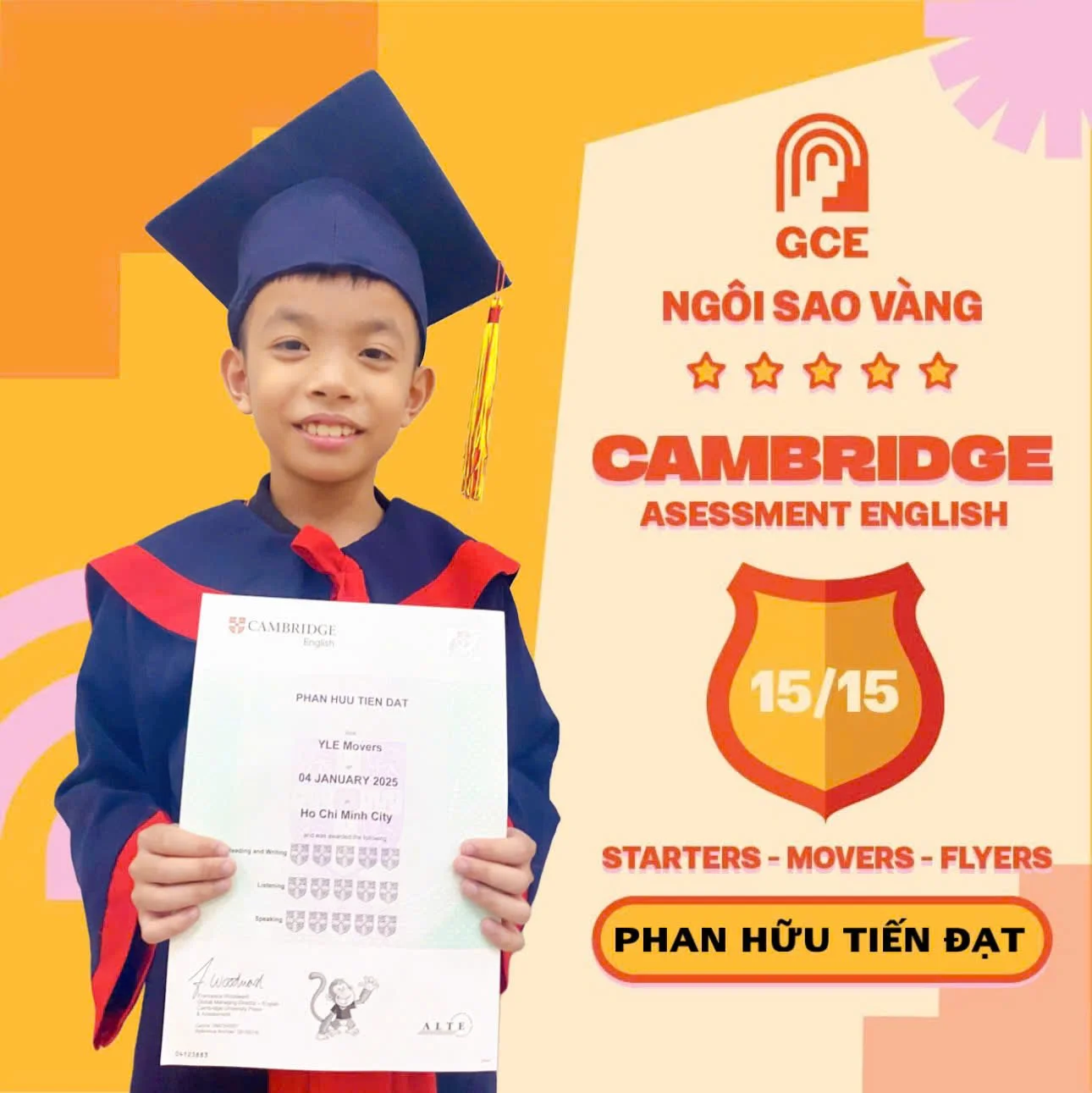 A young boy in a graduation cap and gown holding a certificate, standing in front of a colorful background with text indicating a high score in Cambridge English Assessment.