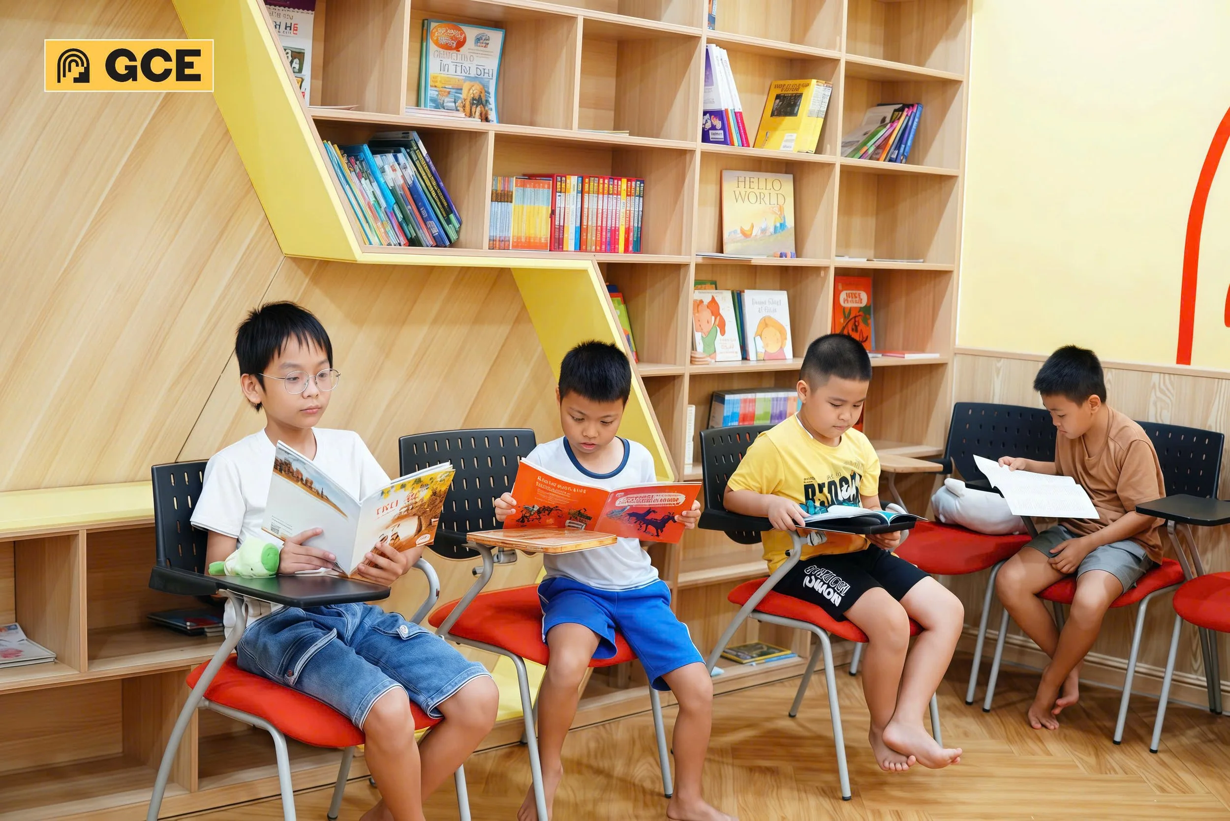 Four children sitting in a library reading books, with wooden bookshelves filled with colorful books in the background.