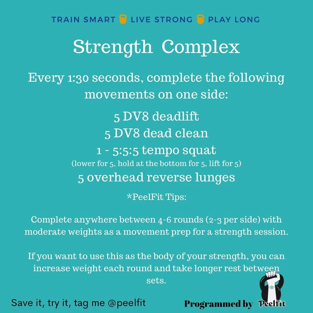Hey 👋 Team! 
...
Swipe 👈 to see this little combo we used in Small group last week!  We used this as a prep for our strength work but this can also be your strength work loading up your weight each round and taking more rest! 

Either way- a few Peelfit tips for you! 

👉🏼Choose a bell you can strict or push press for a single rep and be stable overhead with! 
👉🏼Take your time and be mindful of your feet and set up for your dead lift.  Think about putting your shoulder into your back pocket, and getting tight before you stand.  Drive into the floor to stand on your dead lift!  Grip the bell tight and slowly sit the bell back behind your heels focusing on pushing the bell through your legs!
👉🏼For your Cleans: using the same set up for your dead clean, be sure to loosen the grip into your fingers and towards the thumb side of the bell to allow the bell to move better through your hand 🤚! One the way down, just allow the bell to lower then, sit into your start position again!
🙋&z
