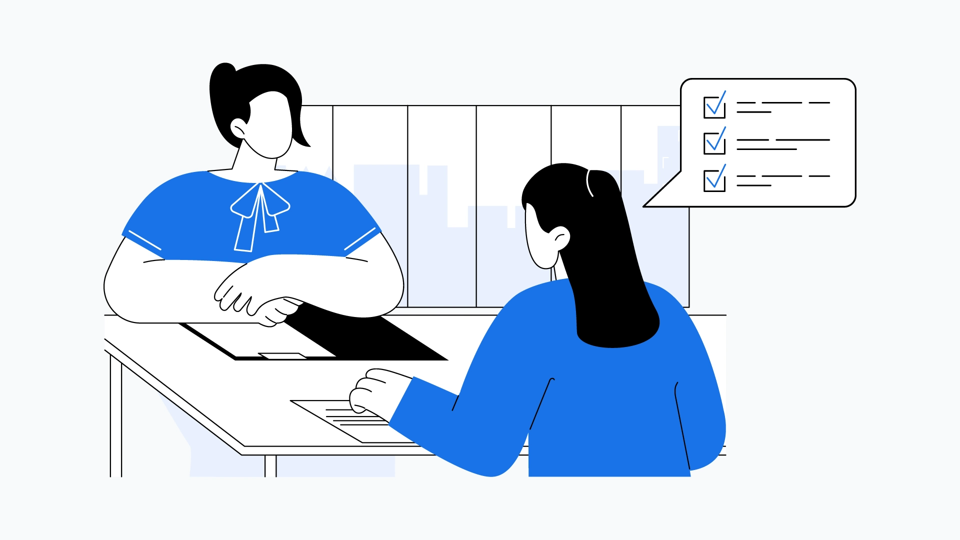 Two women having a discussion at an office desk, with checklists visible in a speech bubble.