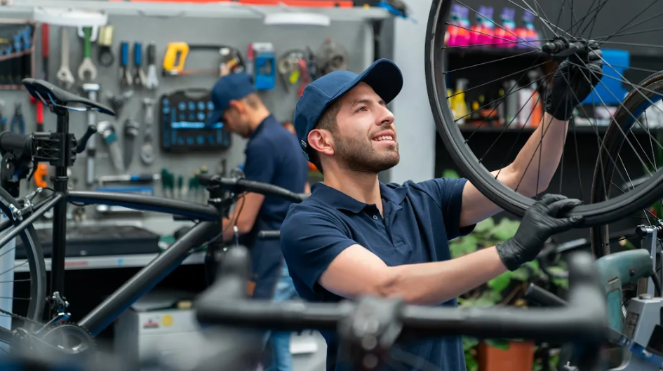 A smiling man in a blue cap and polo shirt repairs a bicycle in a workshop, with another person in the background working on tools.