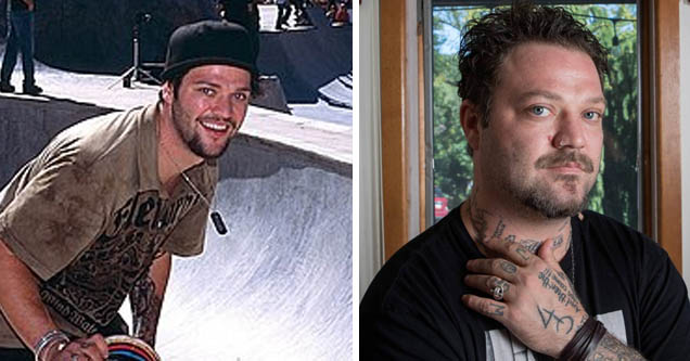 Two men, one at a skatepark and one indoors, with tattoos and facial hair.