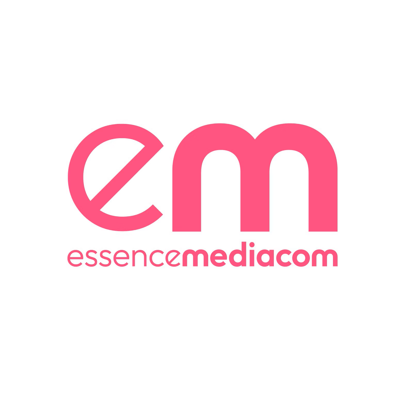 Pink lowercase letters 'em' with smaller text 'essence mediacom' underneath on a white background.