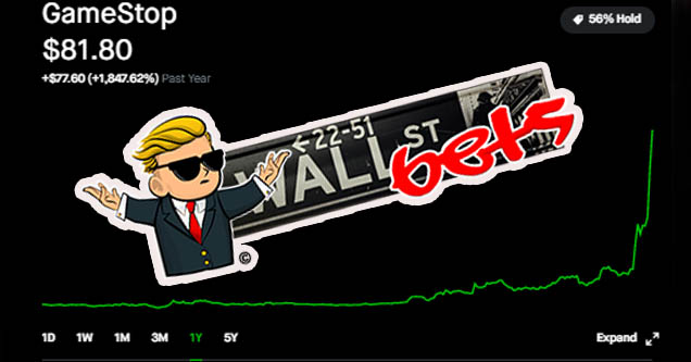 Stock trading app screenshot showing GameStop stock at $81.80 with a large green spike on the chart. Includes a sticker of a cartoon man in a suit and sunglasses making a gesture, and the words 'STOCKS' in red.