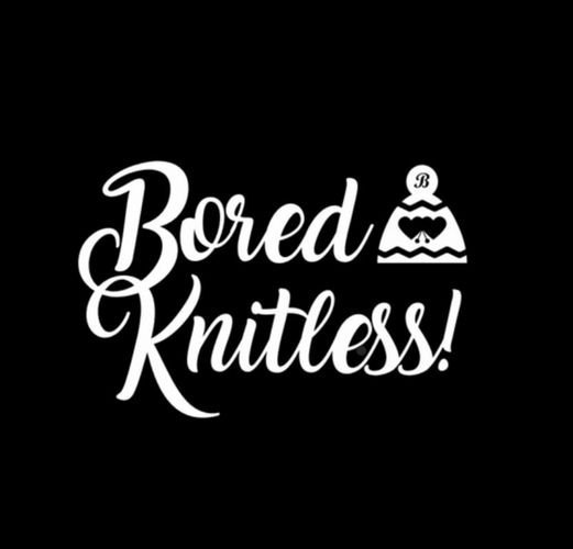 Bored Knitless! logo in white script with a knitted hat icon on black