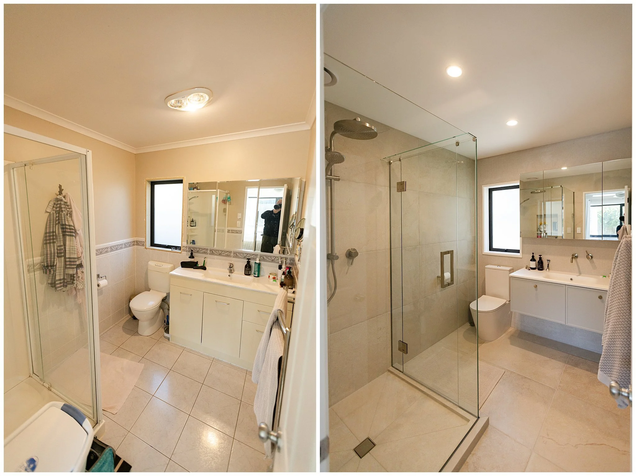 Fully tiled shower. Before and after Renovation Papamoa Beach