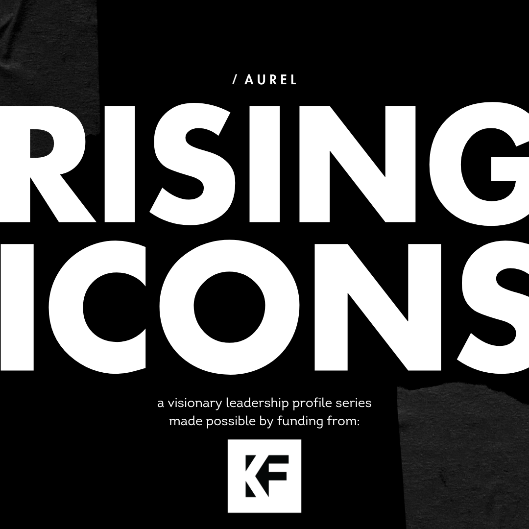 White letters on a black background that says "RISING ICONS" with a logo for LAUREL and Knight Foundation displayed.