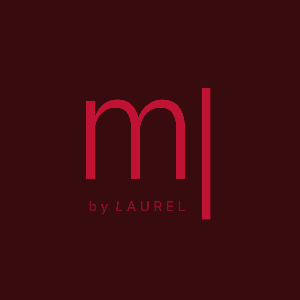 geometric block letters "m" and "l" with smaller "by LAUREL" below, brown background with red letters