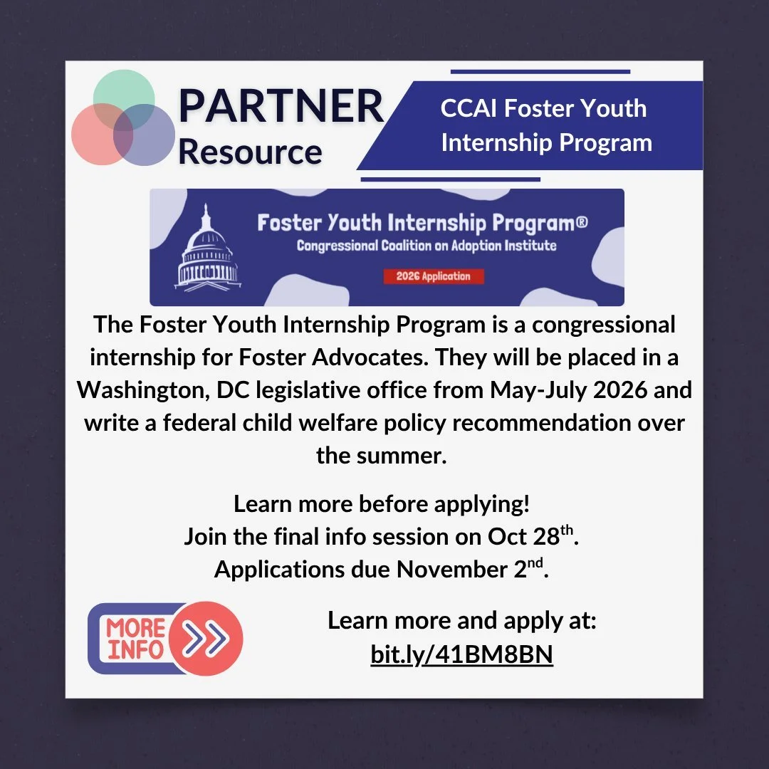 Partner Opportunity! The @cca_institute Foster Youth Internship Program is a congressional internship focused on child welfare advocacy. Selected Foster interns will be placed in a Washington, DC legislative office from May-July 2026 and write a fede
