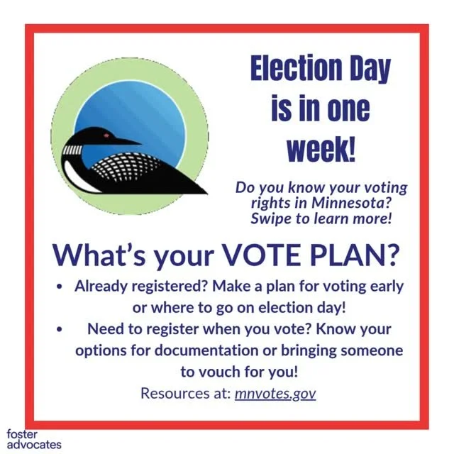 Election Day is in one week! 
Do you know your voting rights in Minnesota? Swipe to learn more!

What&rsquo;s your VOTE PLAN?
Already registered? Make a plan for voting early or where to go on election day!
Need to register when you vote? Prep what d