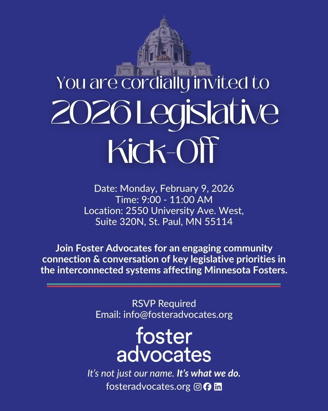 Final chance to RSVP ☕ You&rsquo;re Invited!
Join Foster Advocates for our first-ever 2026 Legislative Kick-Off &mdash; a morning of coffee, community, and connection as we gear up for an ambitious and powerful legislative session.
📅 Date: Monday, F
