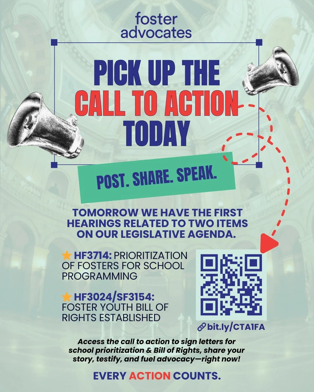 First hearings tomorrow on two of Foster Advocates' 2026 legislative priorities: HF3714 Prioritization of Fosters for School Programming and HF3024/SF3154 Foster Bill of Rights. 

Sign support letters, share experiences, or testify&mdash;access actio