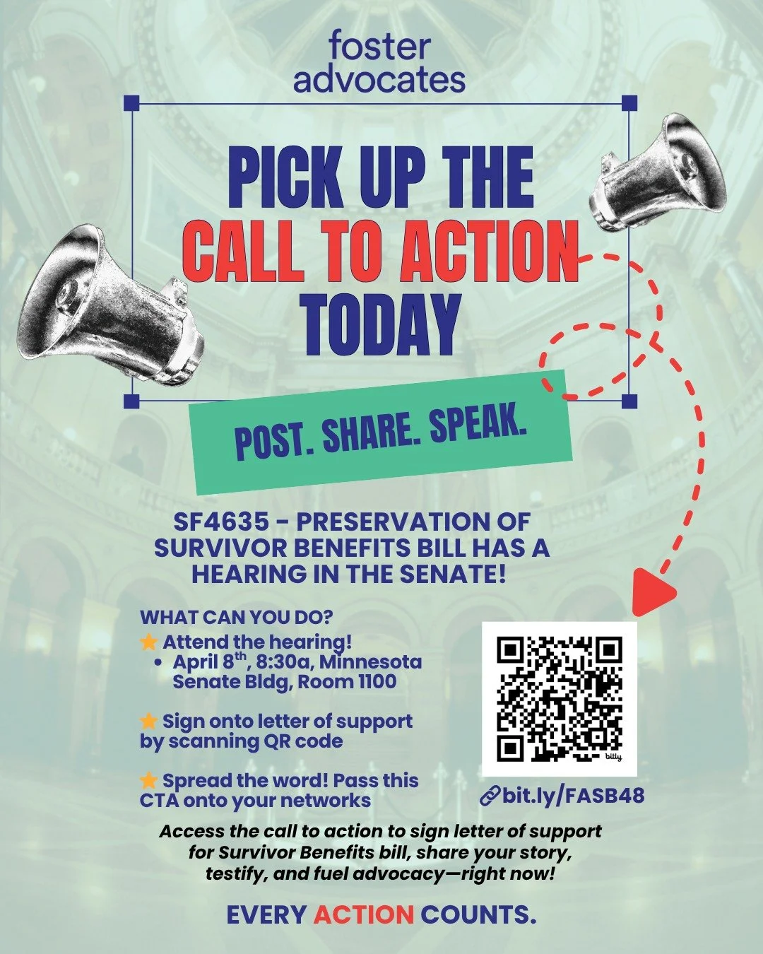 ‼️📣 𝗖𝗮𝗹𝗹 𝗧𝗼 𝗔𝗰𝘁𝗶𝗼𝗻 📣‼️
It's official! SF4635 - Preservation of Survivor Benefits Bill will be heard in the Senate Building on April 8th at 8:30am and we need YOUR help to support this bill!

👉  𝗪𝗵𝗮𝘁 𝗬𝗼𝘂 𝗖𝗮𝗻 𝗗𝗼 👈
~Sign onto