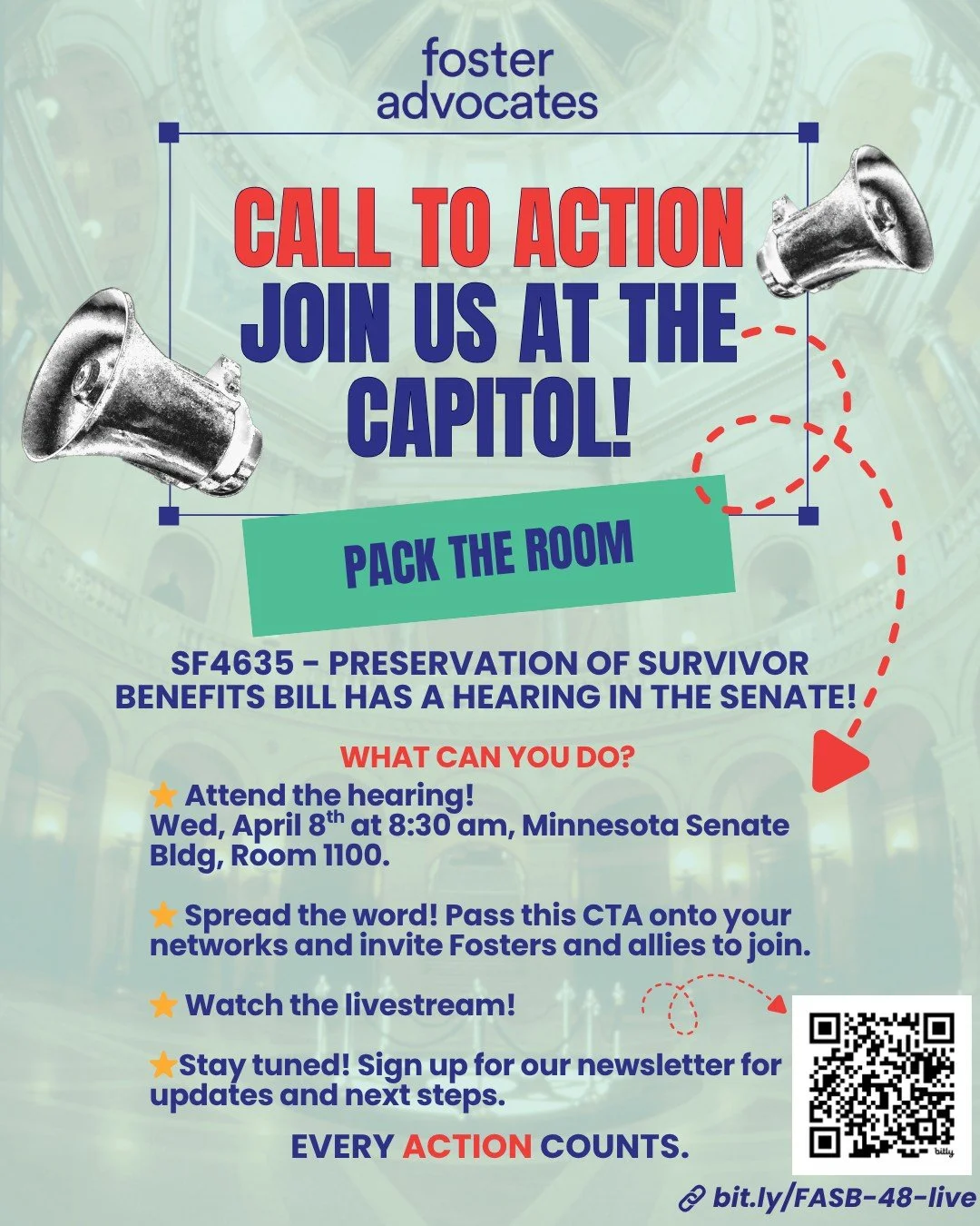 📣 𝗖𝗮𝗹𝗹 𝗧𝗼 𝗔𝗰𝘁𝗶𝗼𝗻: Join us at the Capitol! ⏰
We need your help to pack the room. SF4635 - Preservation of Survivor Benefits Bill will be heard in the Senate Building on Wednesday April 8th at 8:30am. 

👉 𝗪𝗵𝗮𝘁 𝗬𝗼𝘂 𝗖𝗮𝗻 𝗗𝗼 👈
~ 