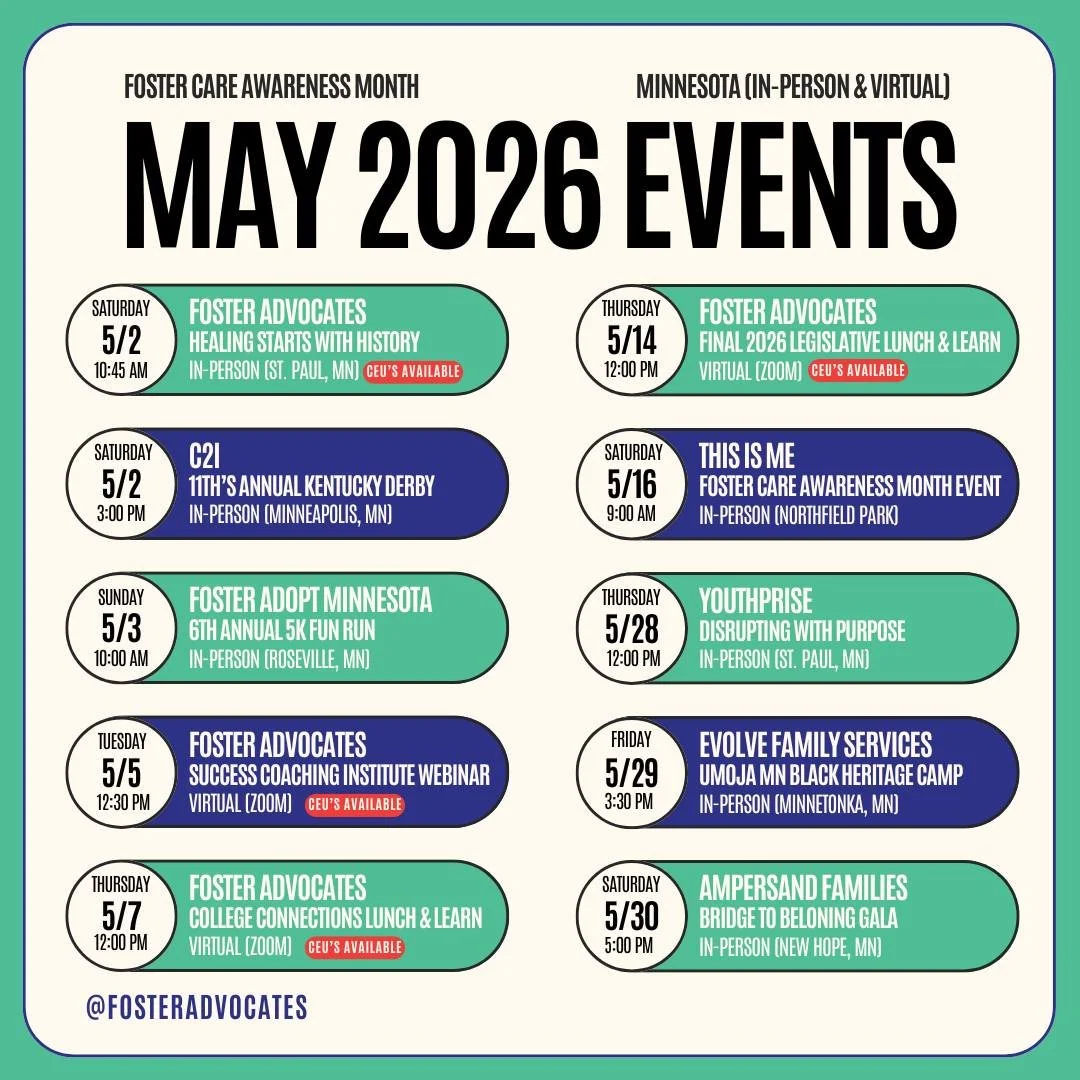 This May, it's not just about awareness &mdash; it's about action and community. 🌱 We're proud to uplift events from community partners @c2iyouth, @FosterAdoptMN, @Youthprise, @evolvefamilyservices, @AmpersandFamilies, and more alongside our own Fos