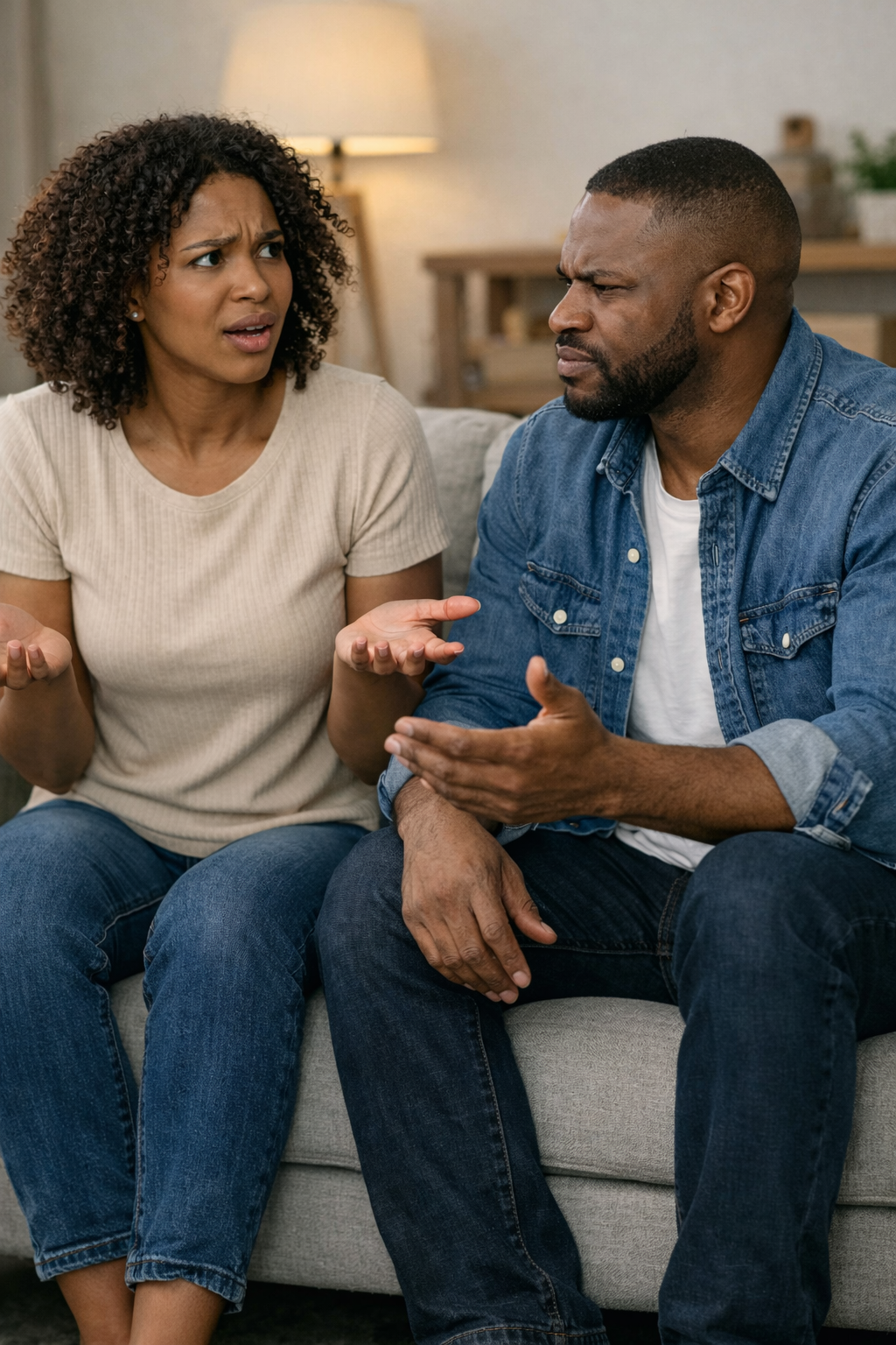 black couple sitting on couch in living room having a heated discussion appearing misunderstood and confused representing common communication issues for our couples at Soul Journey Therapy & Coaching Services