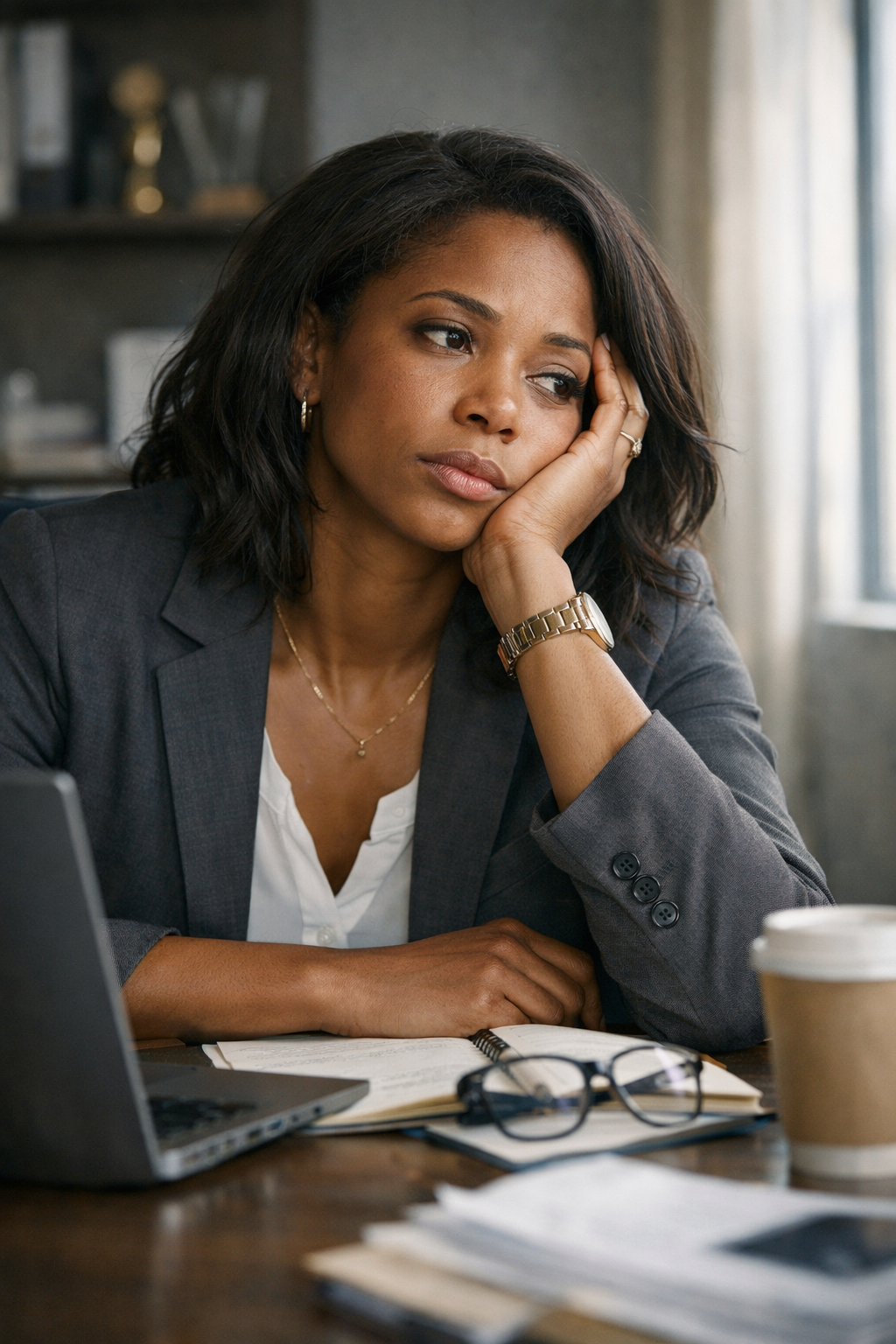 woman sitting at desk with hand on her cheek at work appearing fatigued drained and overwhelmed laptop notepad coffee and eyeglasses on desk representing a client that we can help at Soul Journey Therapy & Coaching Services