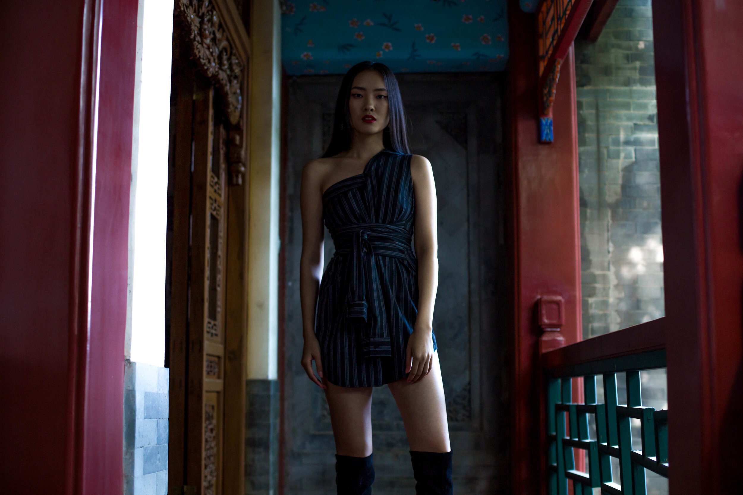 hutong beautiful chinese model beijing portrait womenswear fashion asymmetrical dress.jpg