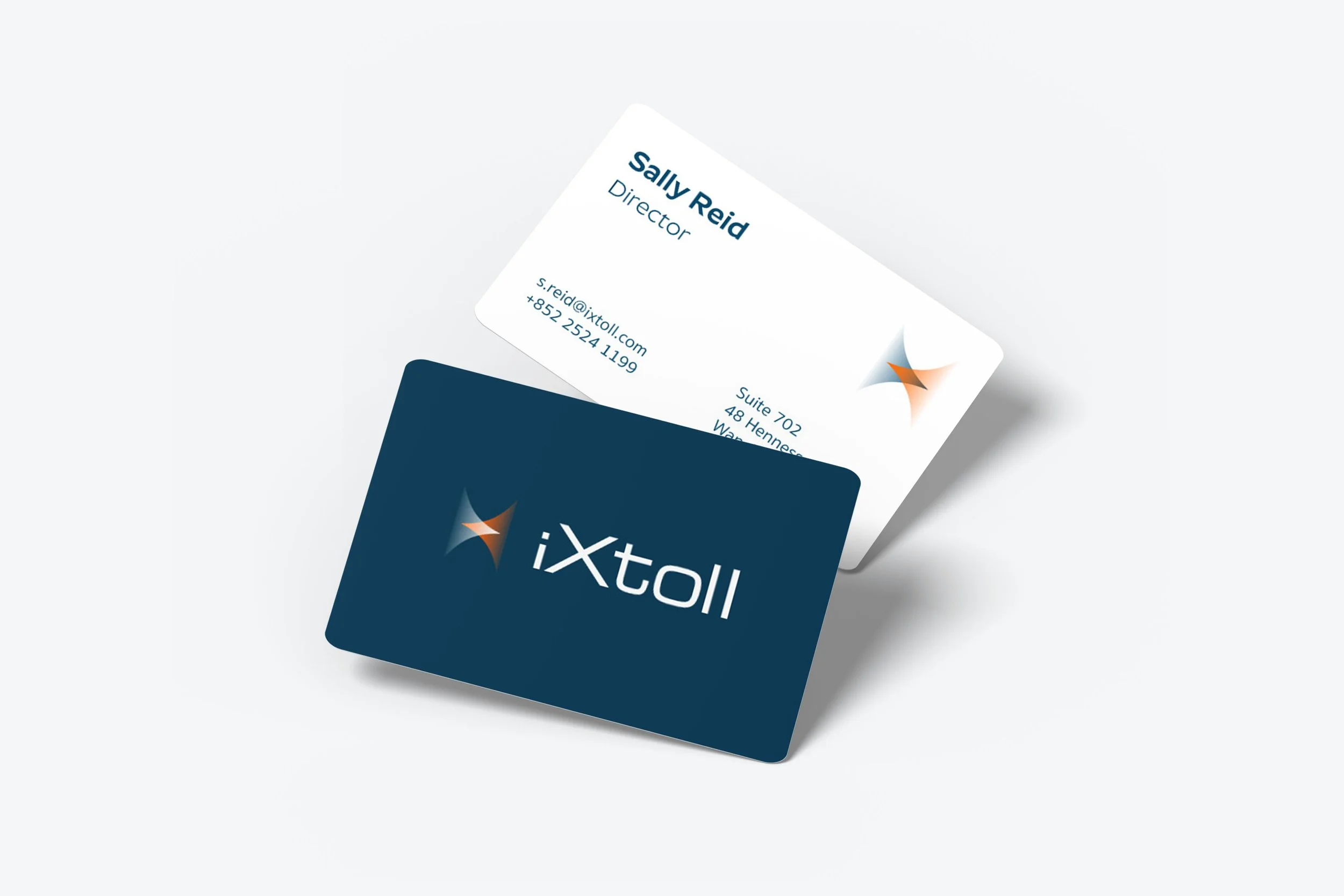 Business cards for Sally Reid, Director at ixtoll, with contact information and company logo on a white and dark blue background.