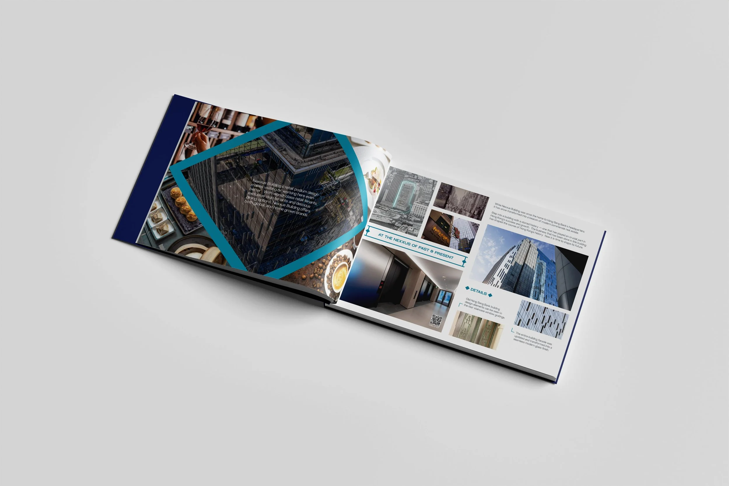 An open magazine displaying various images and articles about buildings and urban development, set against a plain gray background.