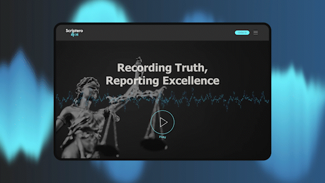 Screenshot of a website homepage with a dark background, displaying the text "Recording Truth, Reporting Excellence" in the center and a play button below, featuring an image of Lady Justice holding scales.