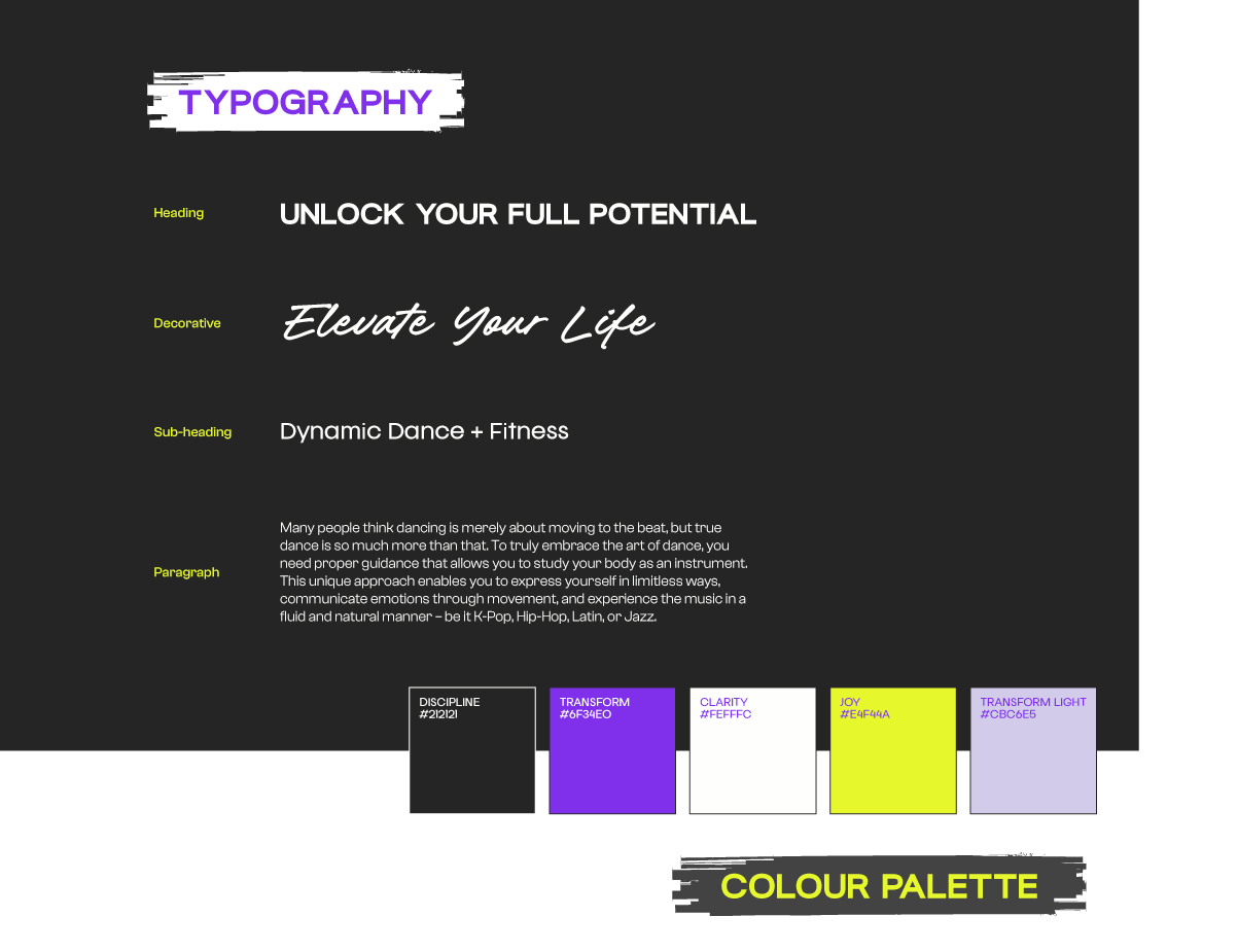 A digital graphic design layout with a black background, featuring typography styles and color palette swatches. The text includes headings, sub-headings, and a paragraph about dance and fitness. The color palette displays five color swatches labeled Discpline, Transform, Clarity, Joy, and Transform Light, with respective hex codes.