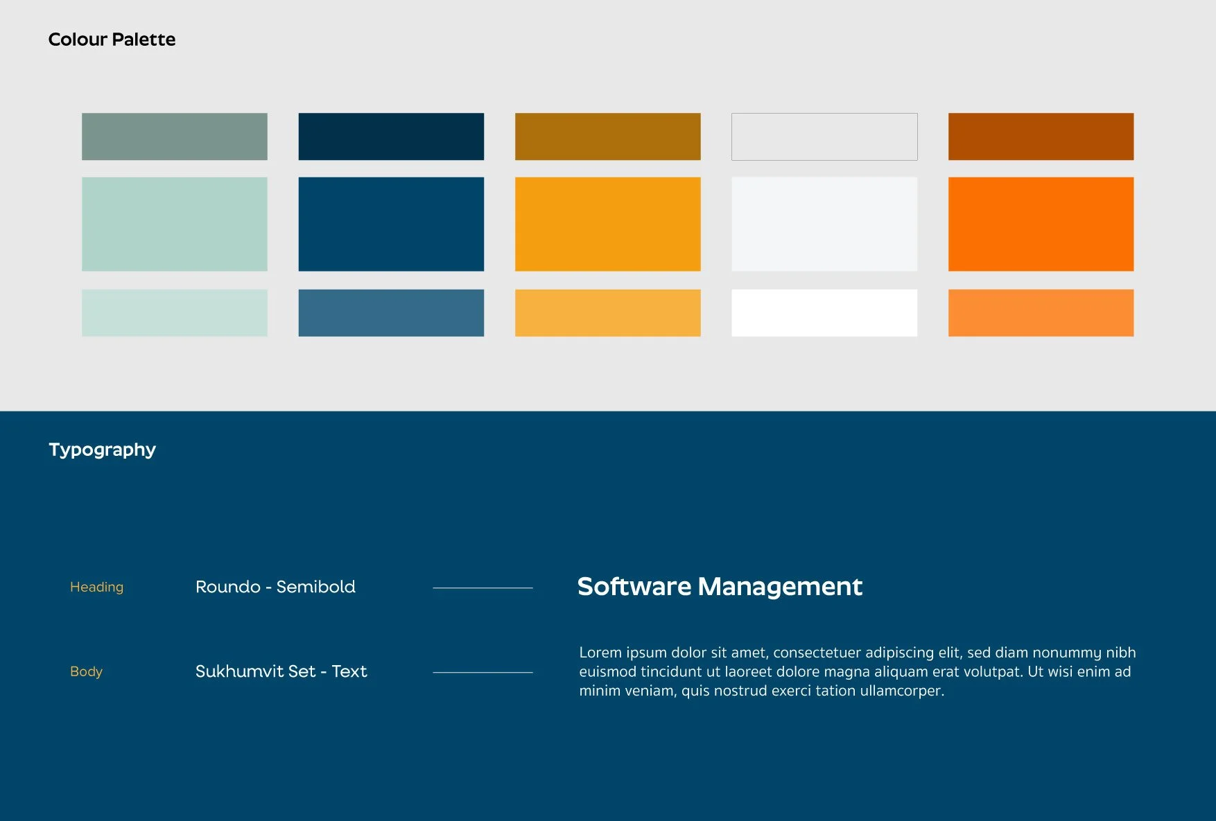 A digital design template featuring a color palette with ten color swatches arranged in two rows, and sections labeled 'Typography,' 'Heading,' 'Body,' and 'Software Management' with placeholder text, blue background, and minimalist layout.