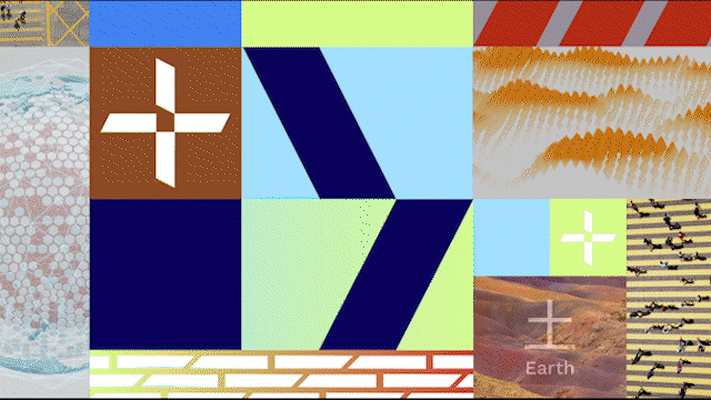 A collage of various colorful geometric shapes and patterns, including plus signs, diagonal lines, and textures, with a small section labeled "Earth" with an image of a landscape.