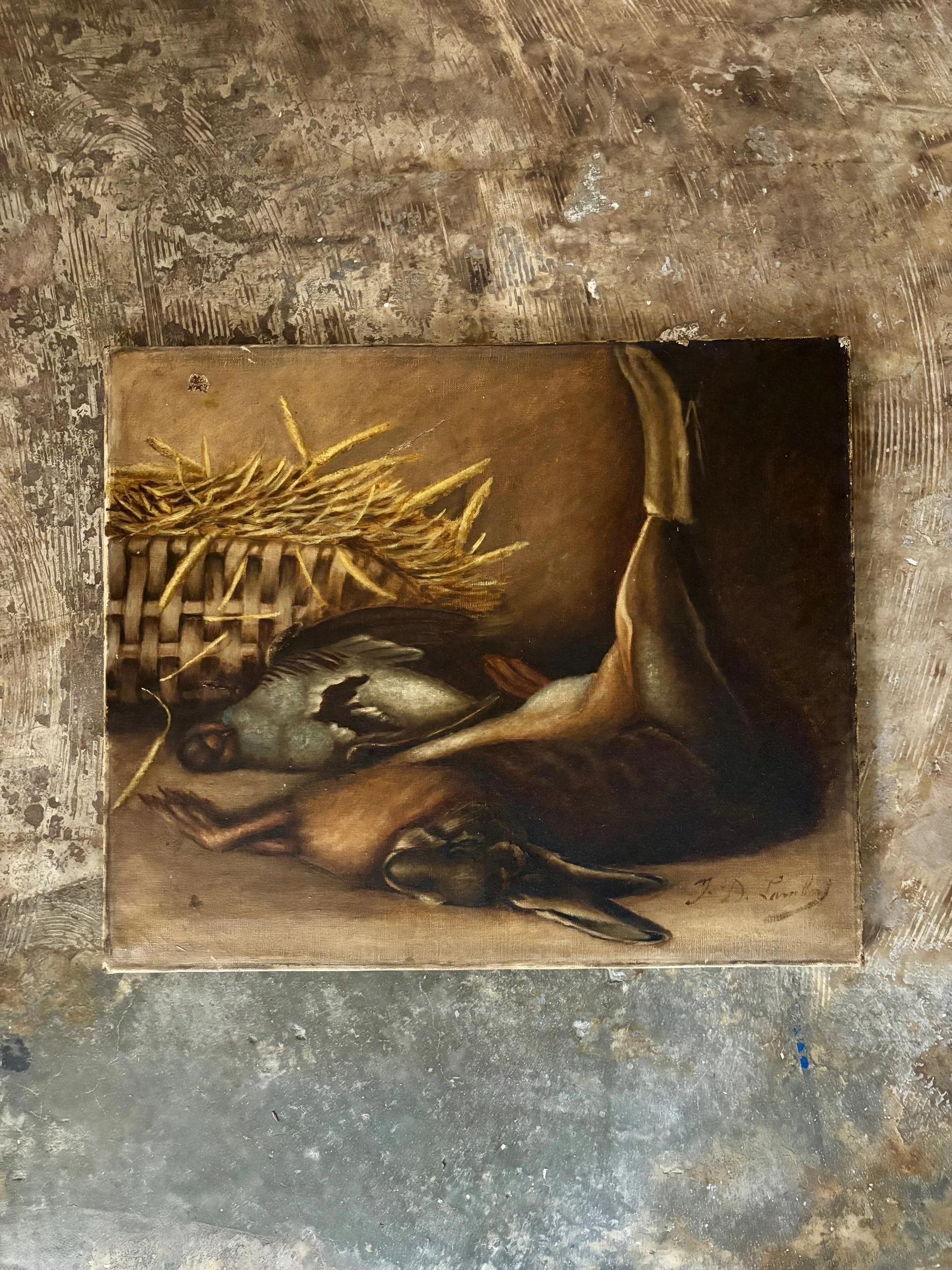 nature-morte-peinture-huile-toile-lievre-pigeon-art-decoration-vintage-axs-design-paris-france