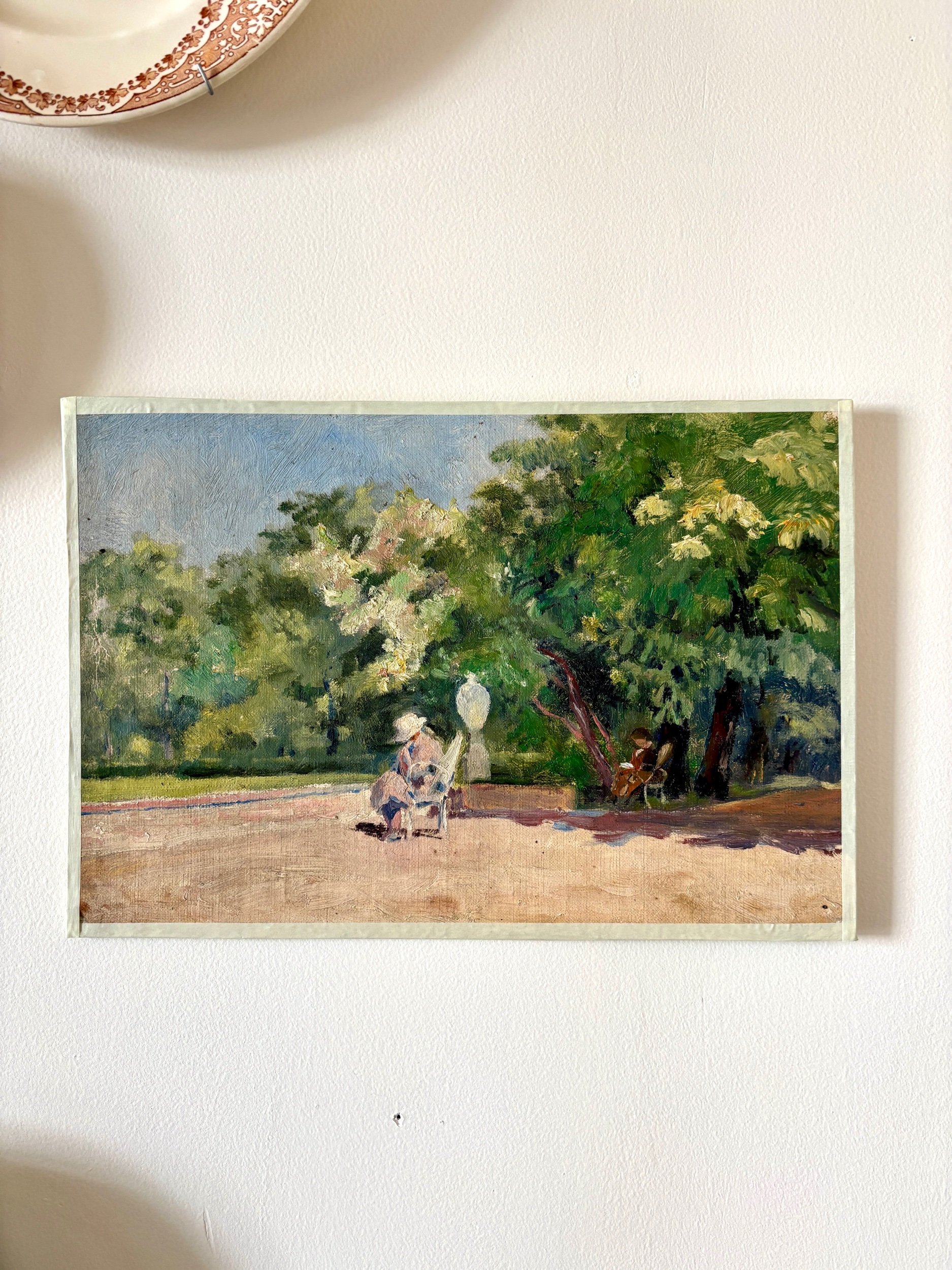 peinture-huile-toile-jardin-personnages-art-decoration-vintage-axs-design-paris-france