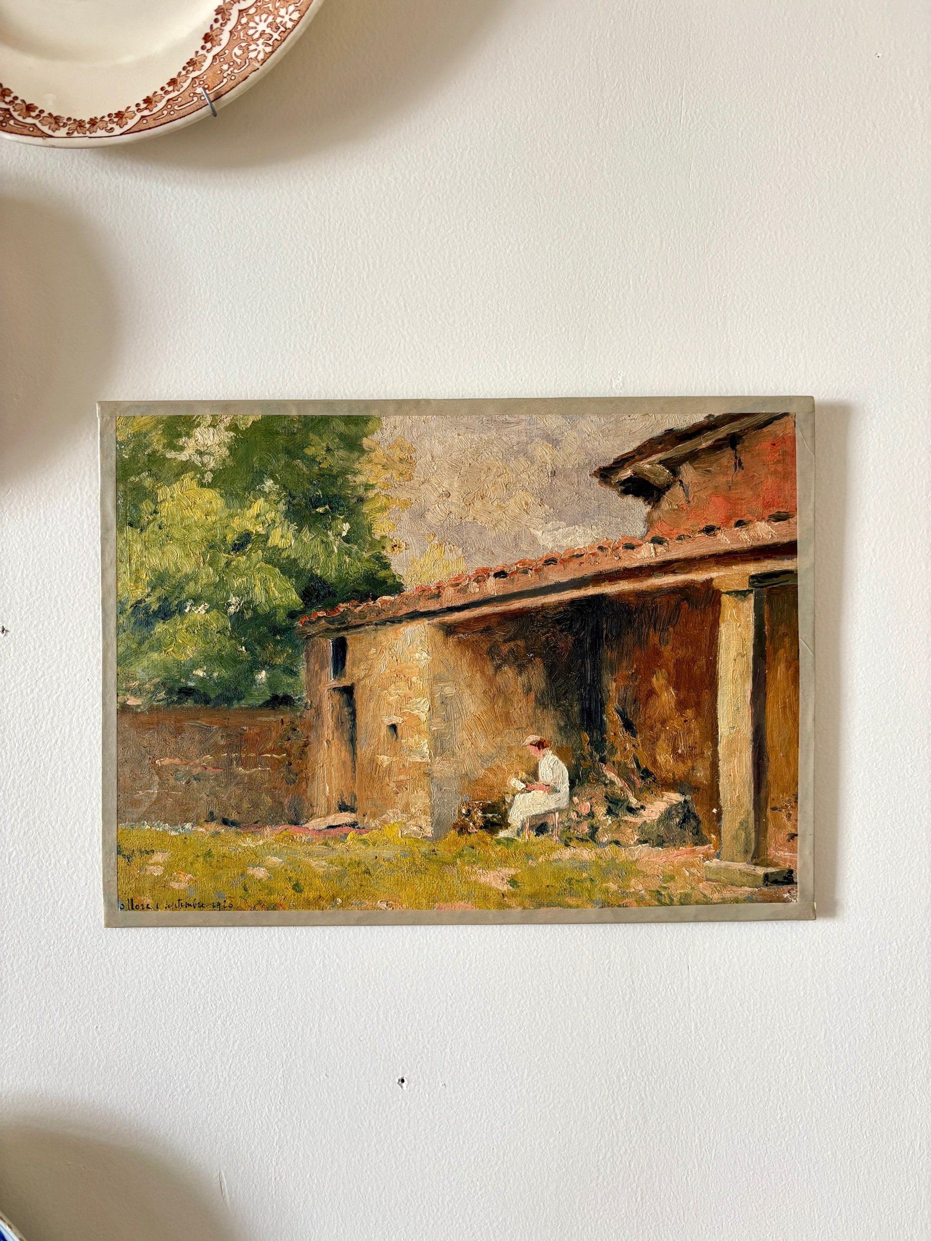 peinture-huile-toile-maison-jardin-personnage-art-decoration-vintage-axs-design-paris-france