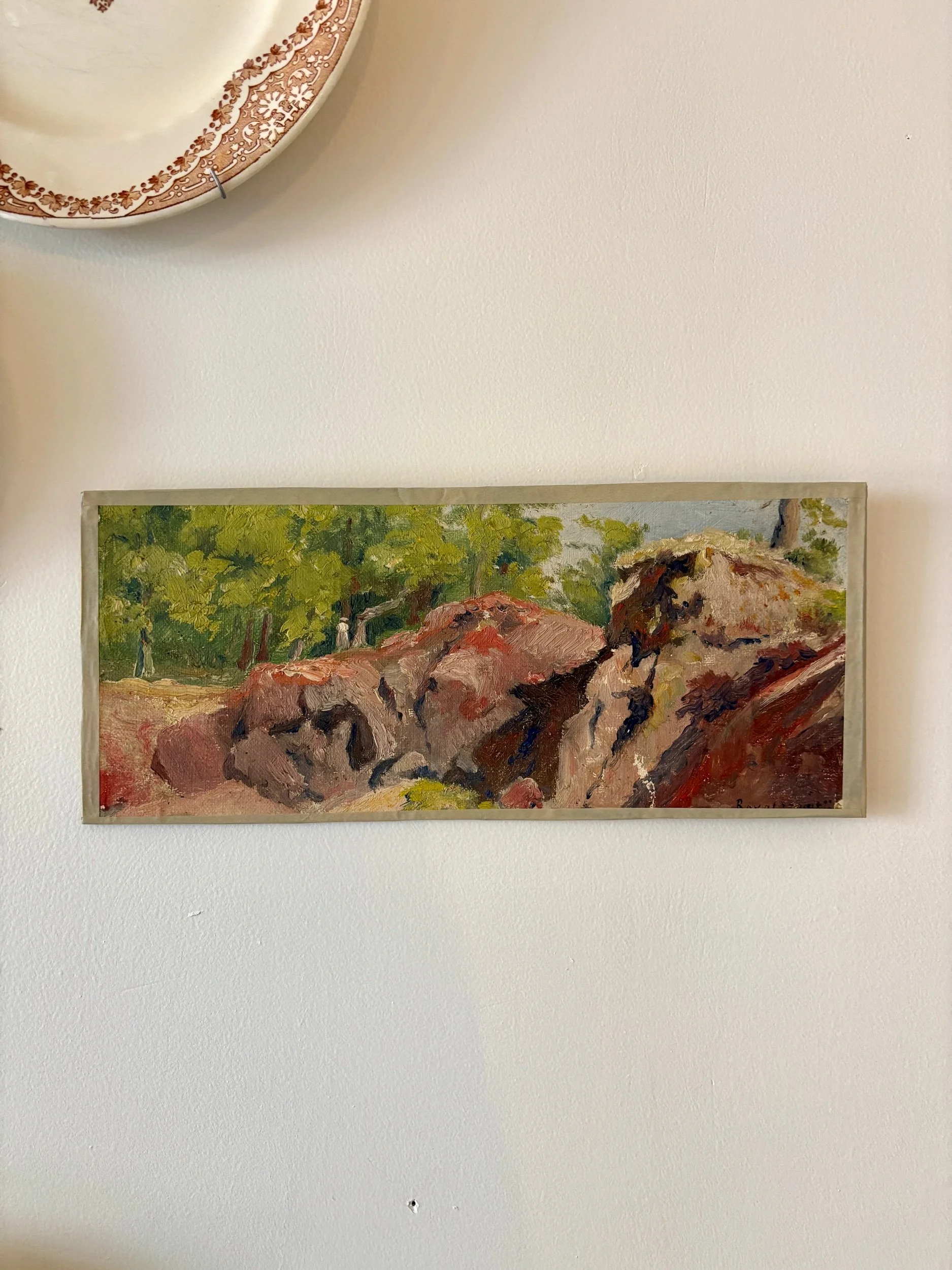 Peinture à l'huile sur toile "Forêt, falaise et personnages" n°32