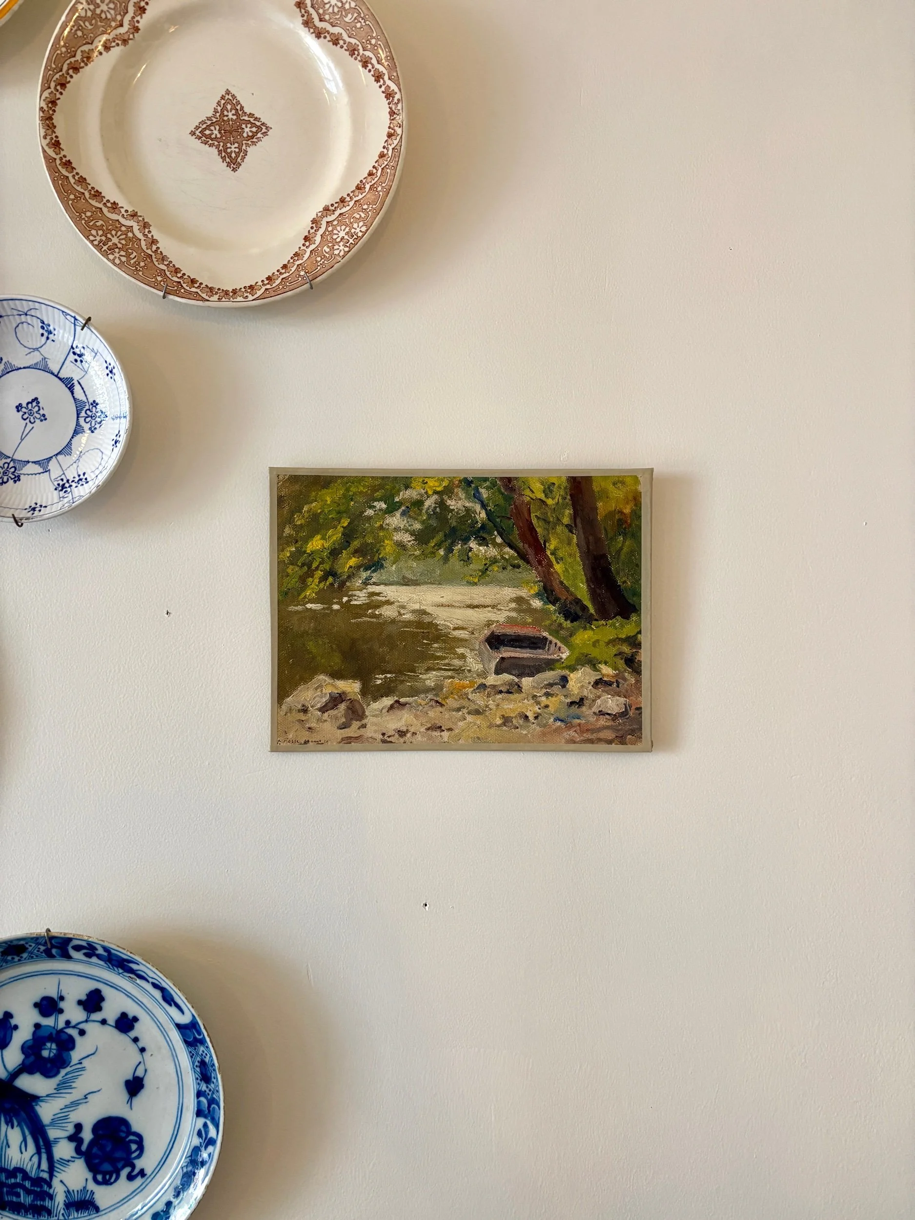 peinture-huile-toile-foret-riviere-barque-art-decoration-vintage-axs-design-paris-france