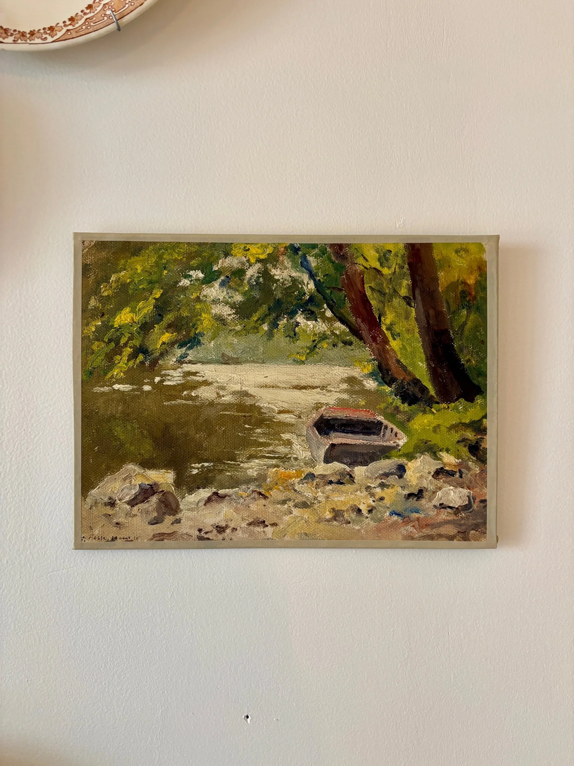 Peinture à l'huile sur toile "Forêt, rivière et barque" n°17