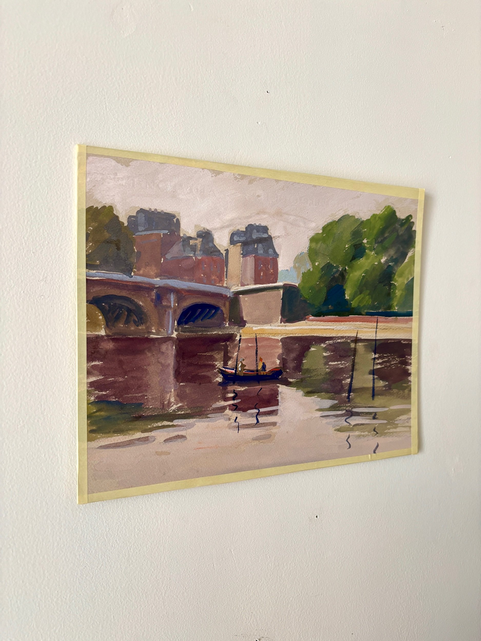 peinture-huile-toile-maisons-pont-riviere-barque-personnages-art-decoration-vintage-axs-design-paris-france