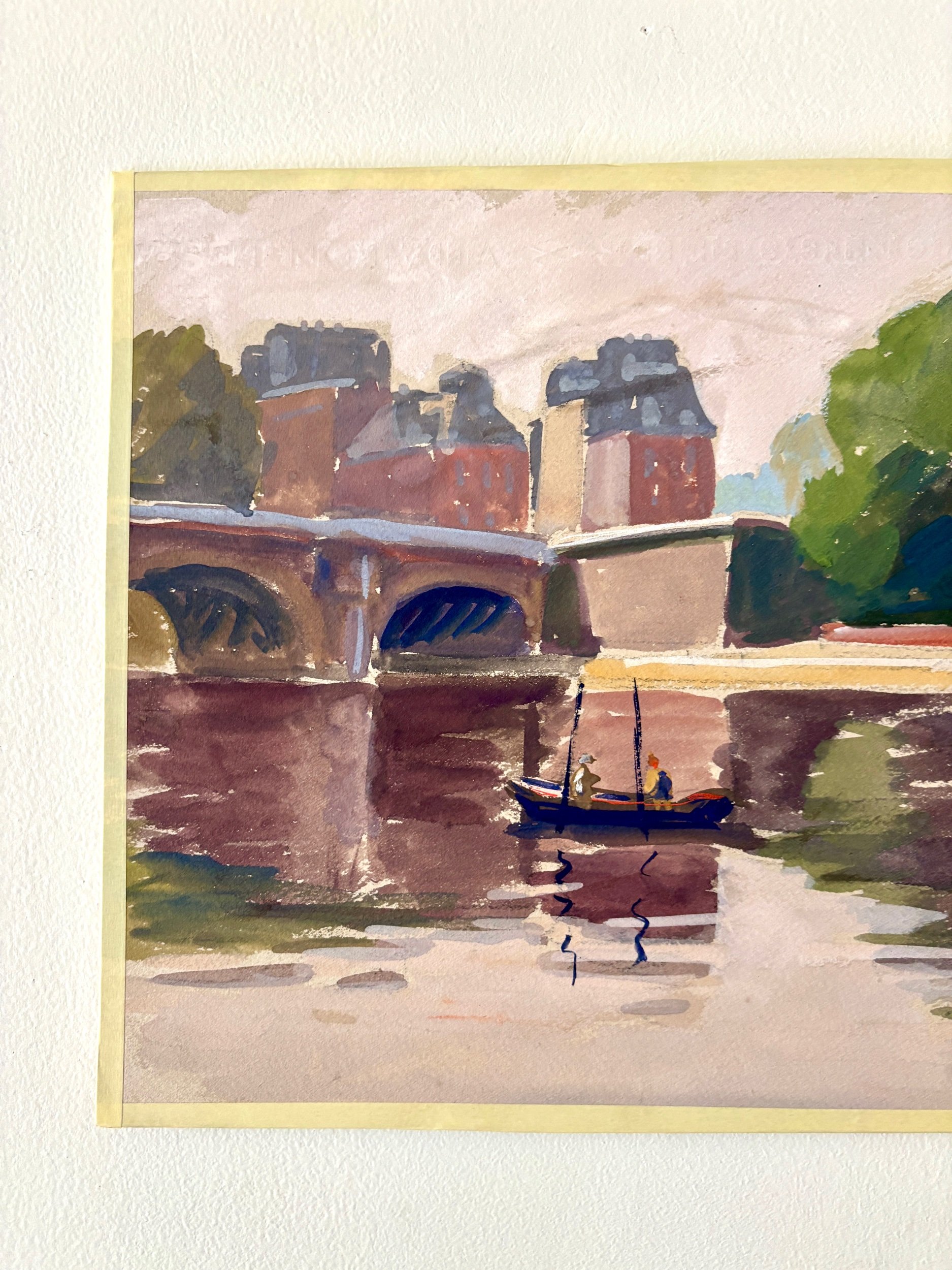 peinture-huile-toile-maisons-pont-riviere-barque-personnages-art-decoration-vintage-axs-design-paris-france