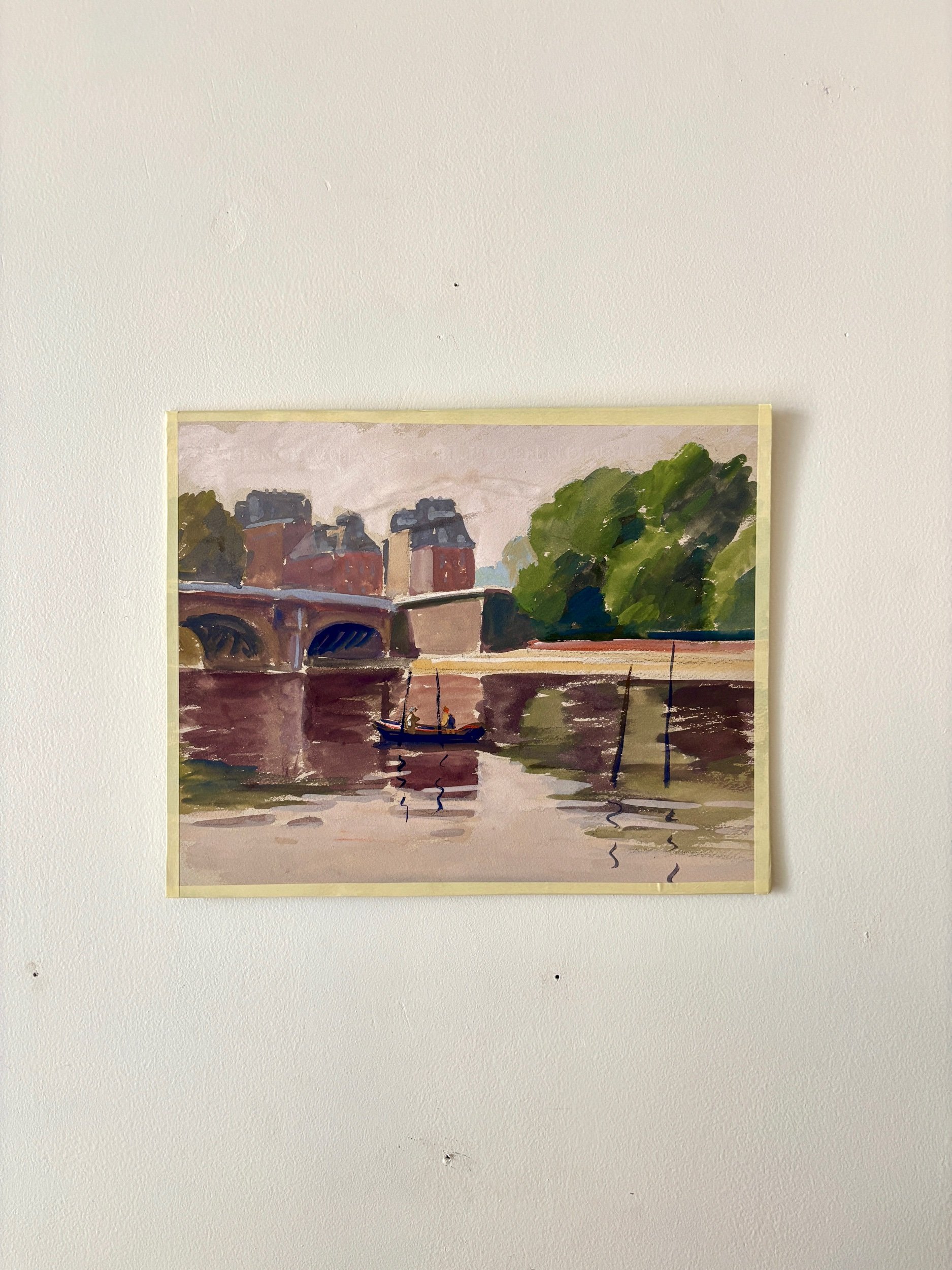 peinture-huile-toile-maisons-pont-riviere-barque-personnages-art-decoration-vintage-axs-design-paris-france