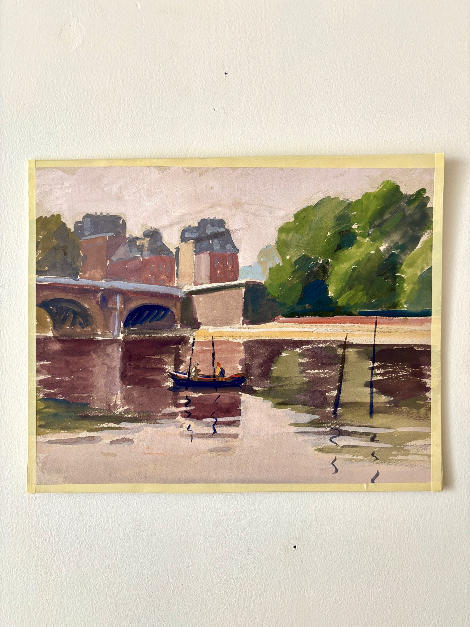 peinture-huile-toile-maisons-pont-riviere-barque-personnages-art-decoration-vintage-axs-design-paris-france