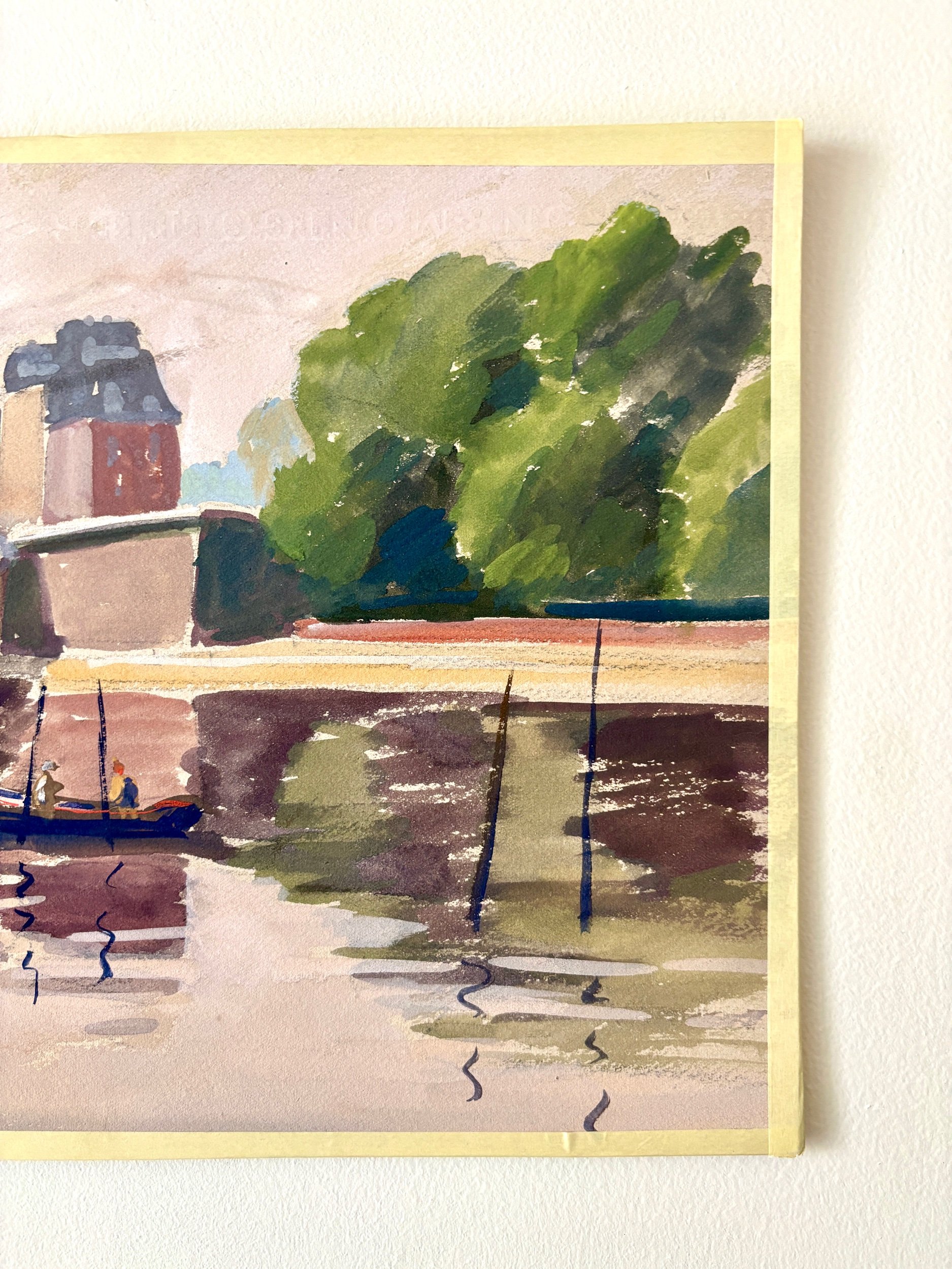 peinture-huile-toile-maisons-pont-riviere-barque-personnages-art-decoration-vintage-axs-design-paris-france