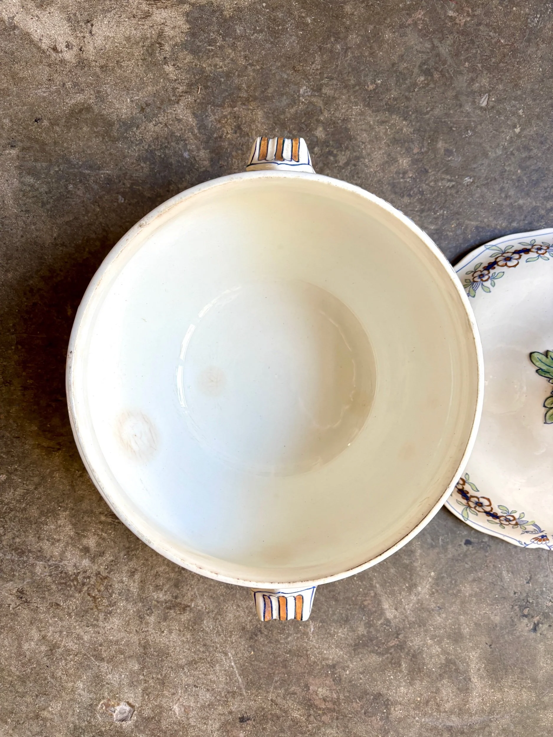 soupiere-kg-luneville-quevilly-terre-de-fer-bleu-vert-marron-vaisselle-vintage-axs-design-paris-france