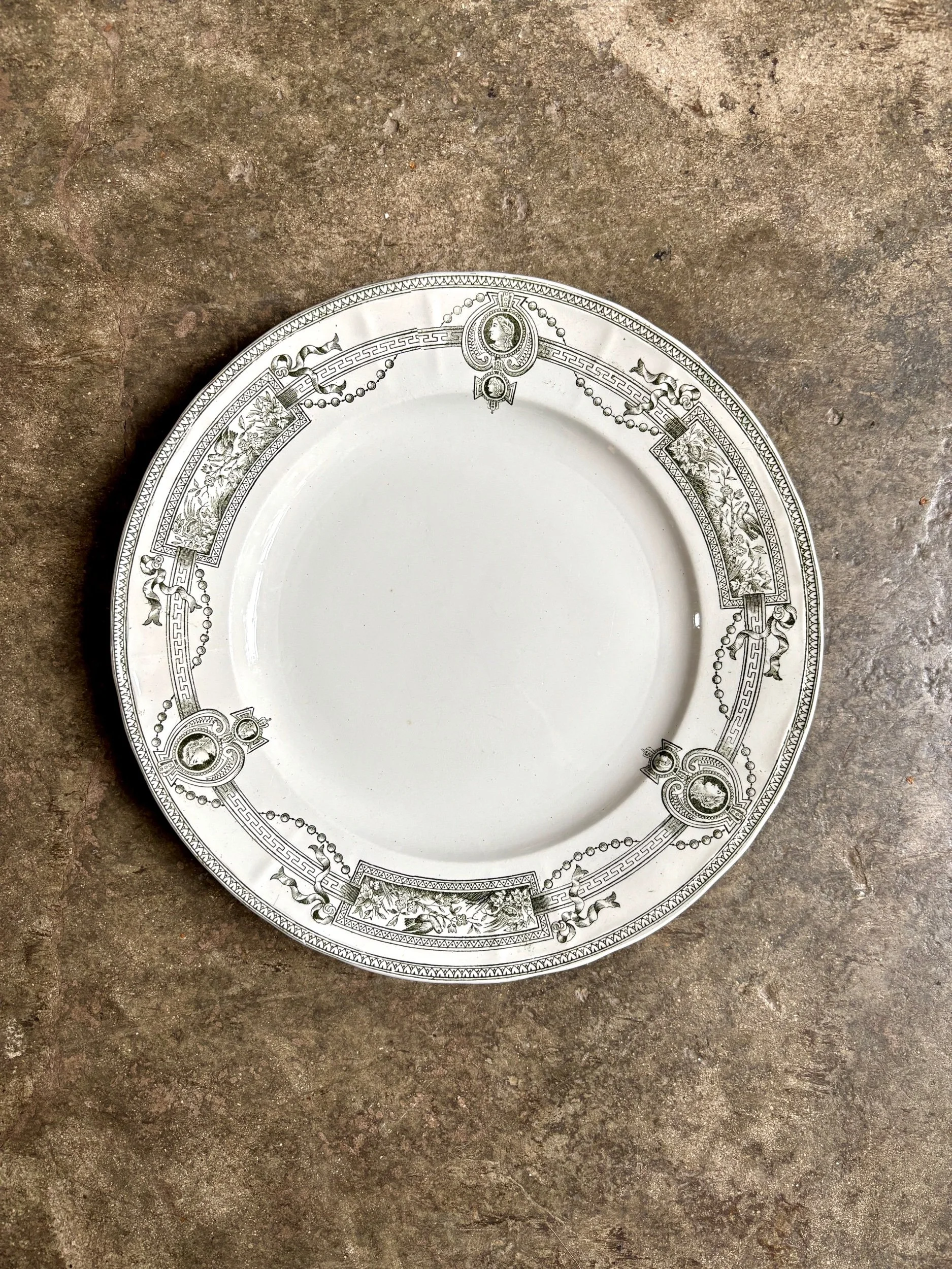 assiette-plate-terre-de-fer-st-amand-hamage-medaillon-blanc-vert-vaisselle-vintage-axs-design-paris-france