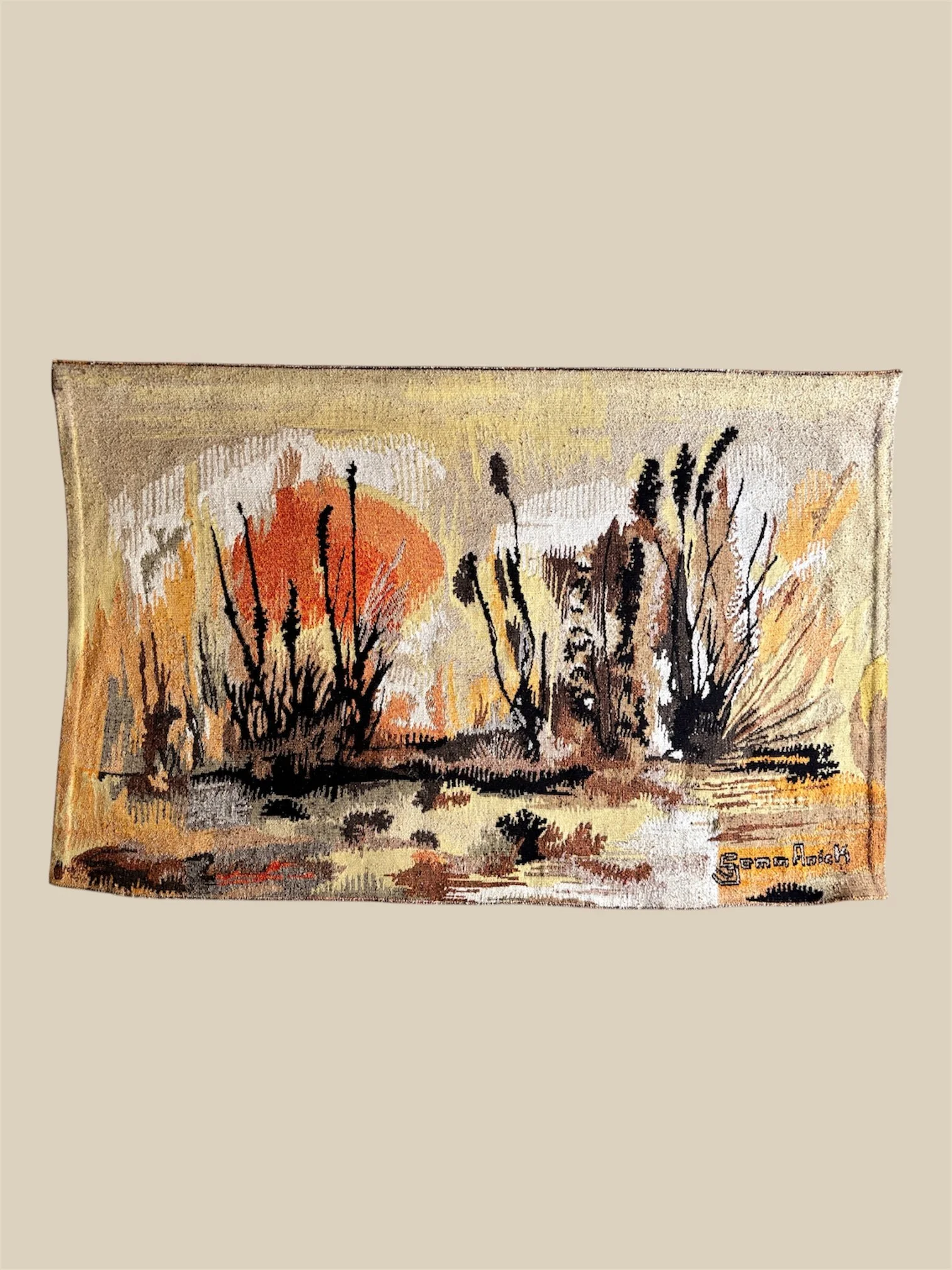 Tenture, tapisserie murale en laine orange, Atelier Robert Four à Aubusson ☐ 110 x 170 cm