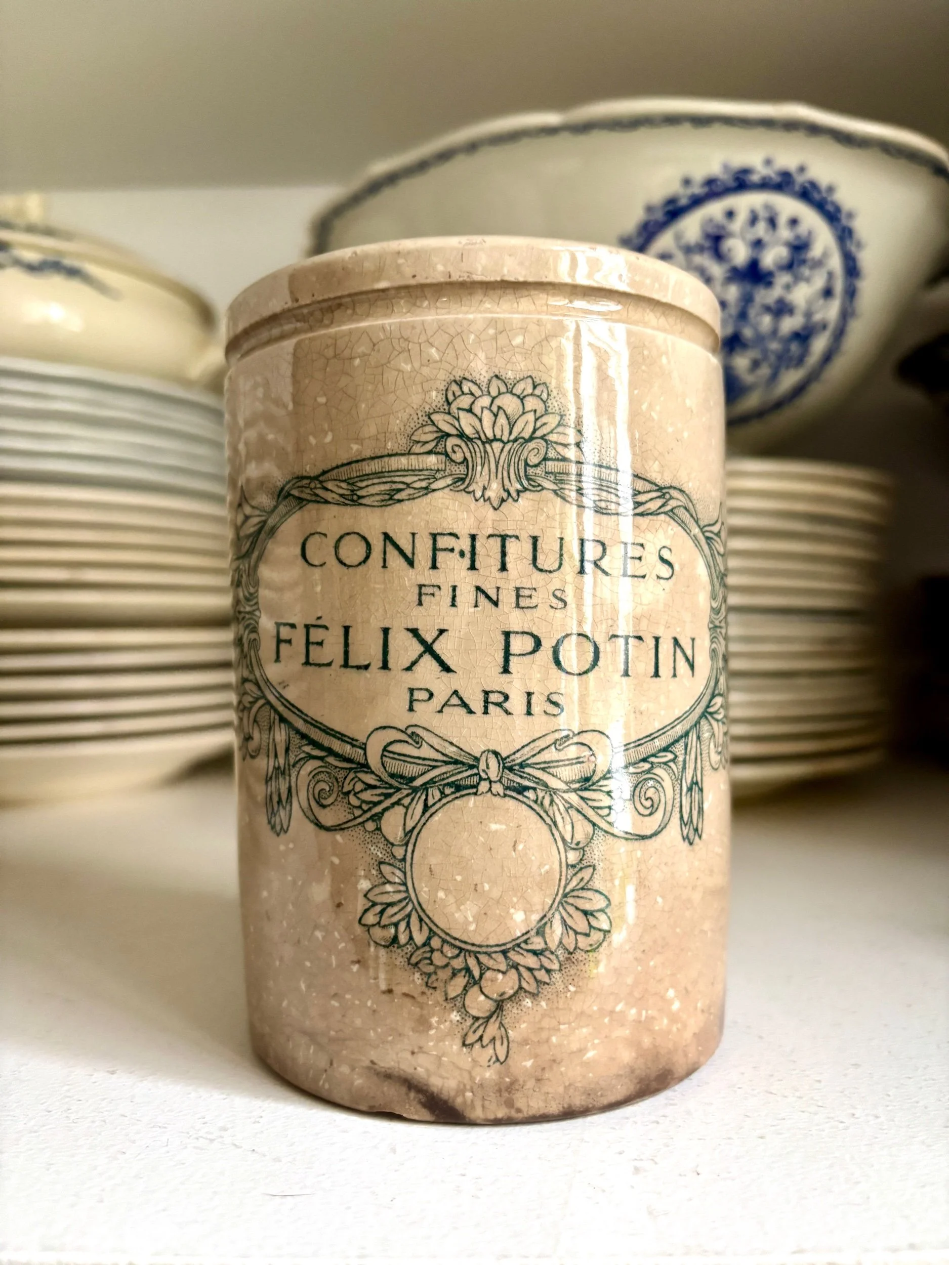 pot-confiture-luneville-felix-potin-terre-de-fer-beige-vert-vaisselle-vintage-axs-design-paris-france