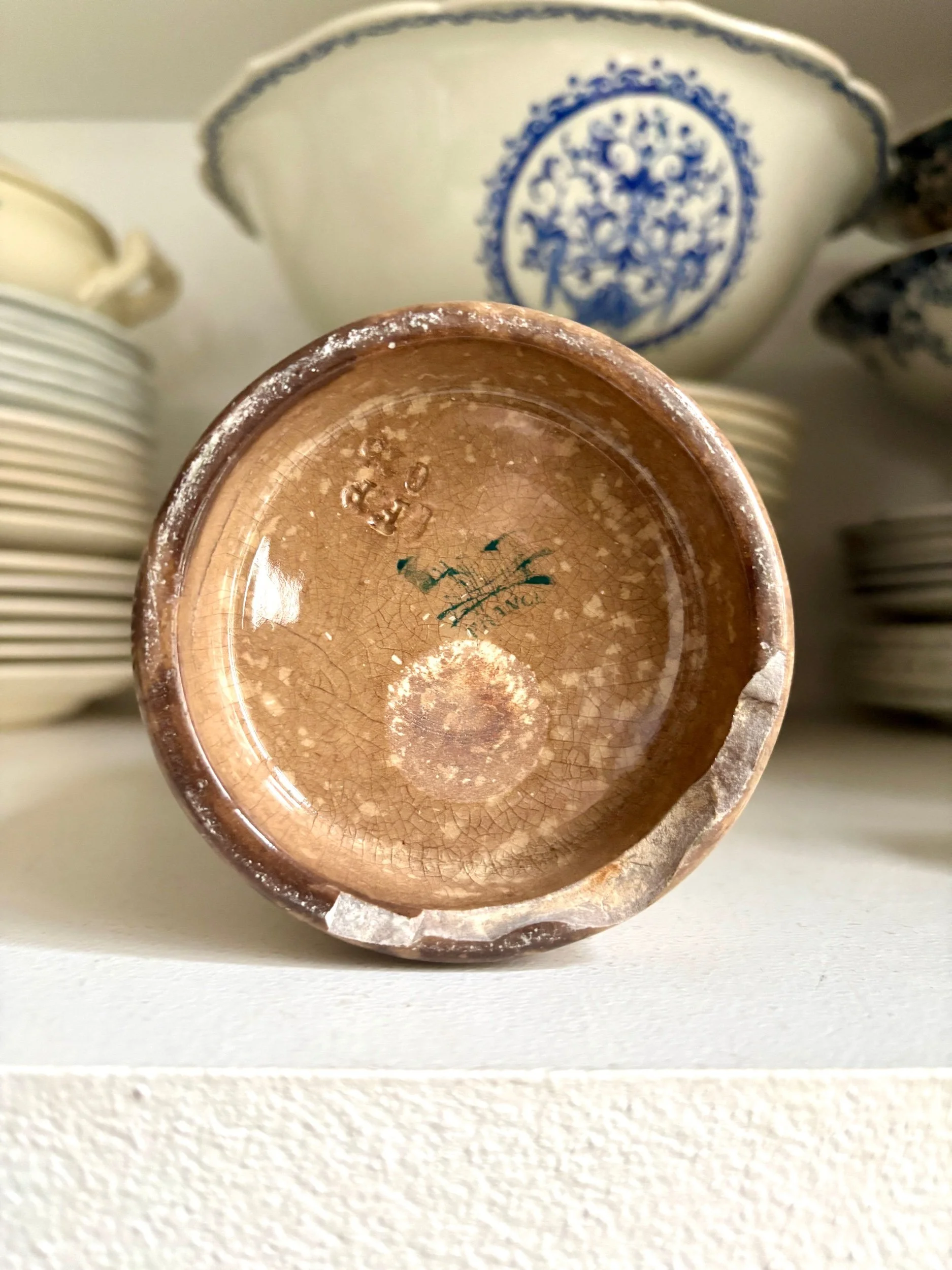 pot-confiture-luneville-felix-potin-terre-de-fer-beige-vert-vaisselle-vintage-axs-design-paris-france