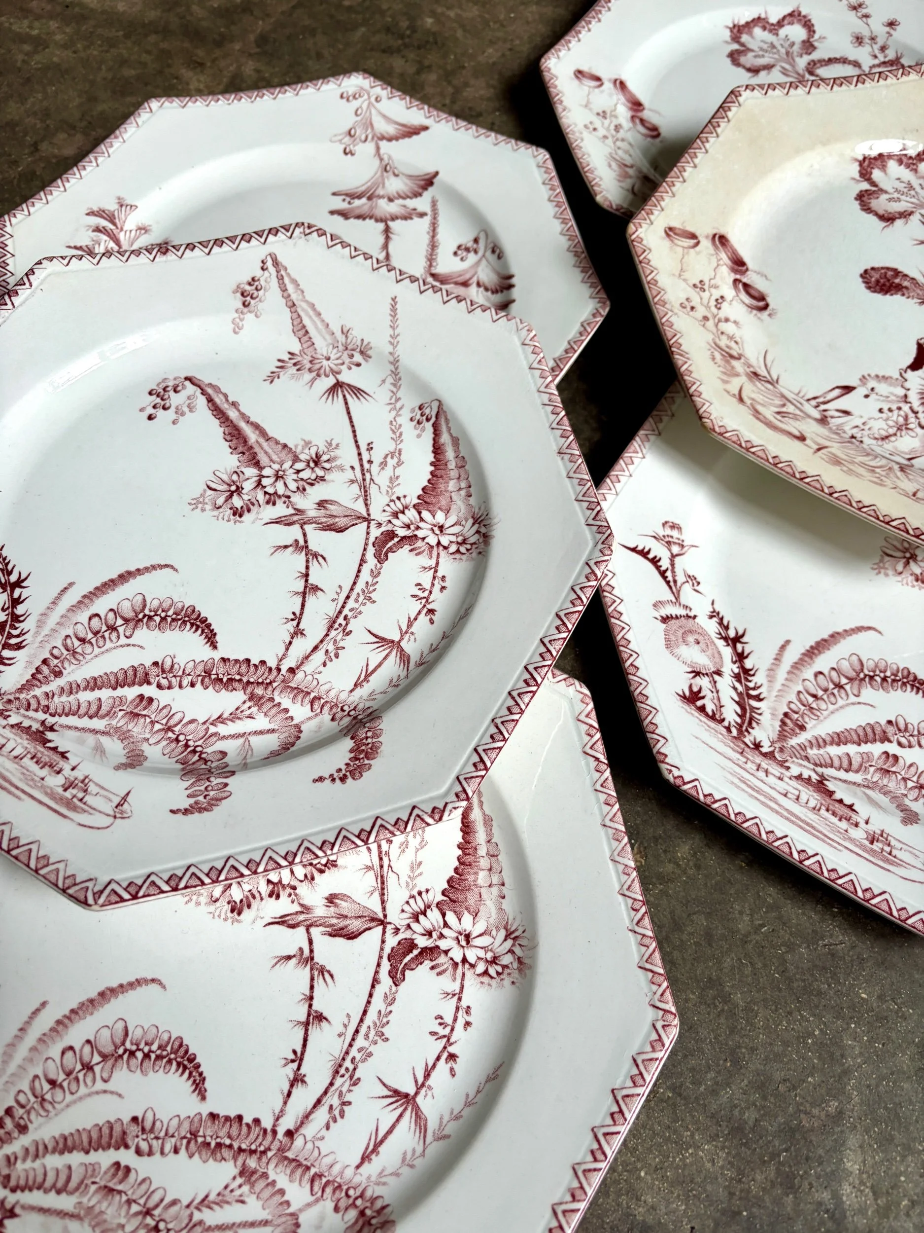 6-assiettes-plates-clairefontaine-indiana-terre-de-fer-rose-vaisselle-vintage-axs-design-paris-france
