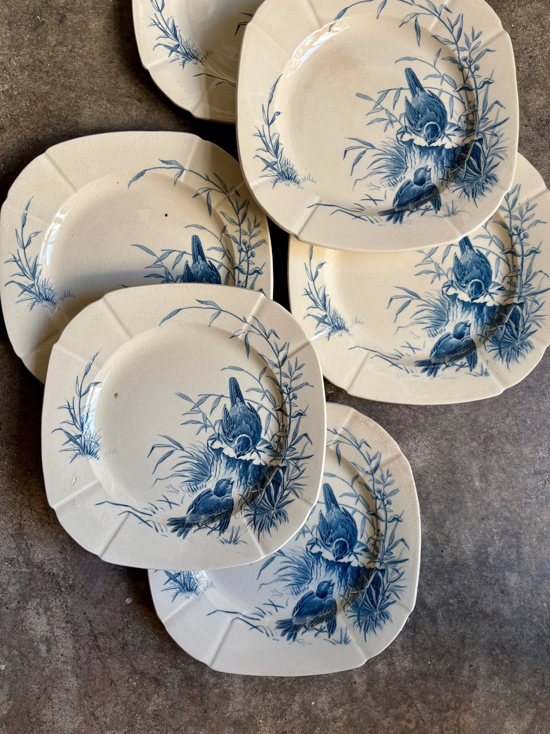 6 assiettes à dessert Gien en terre de fer bleue, service "Oiseaux" vers 1870 n°2