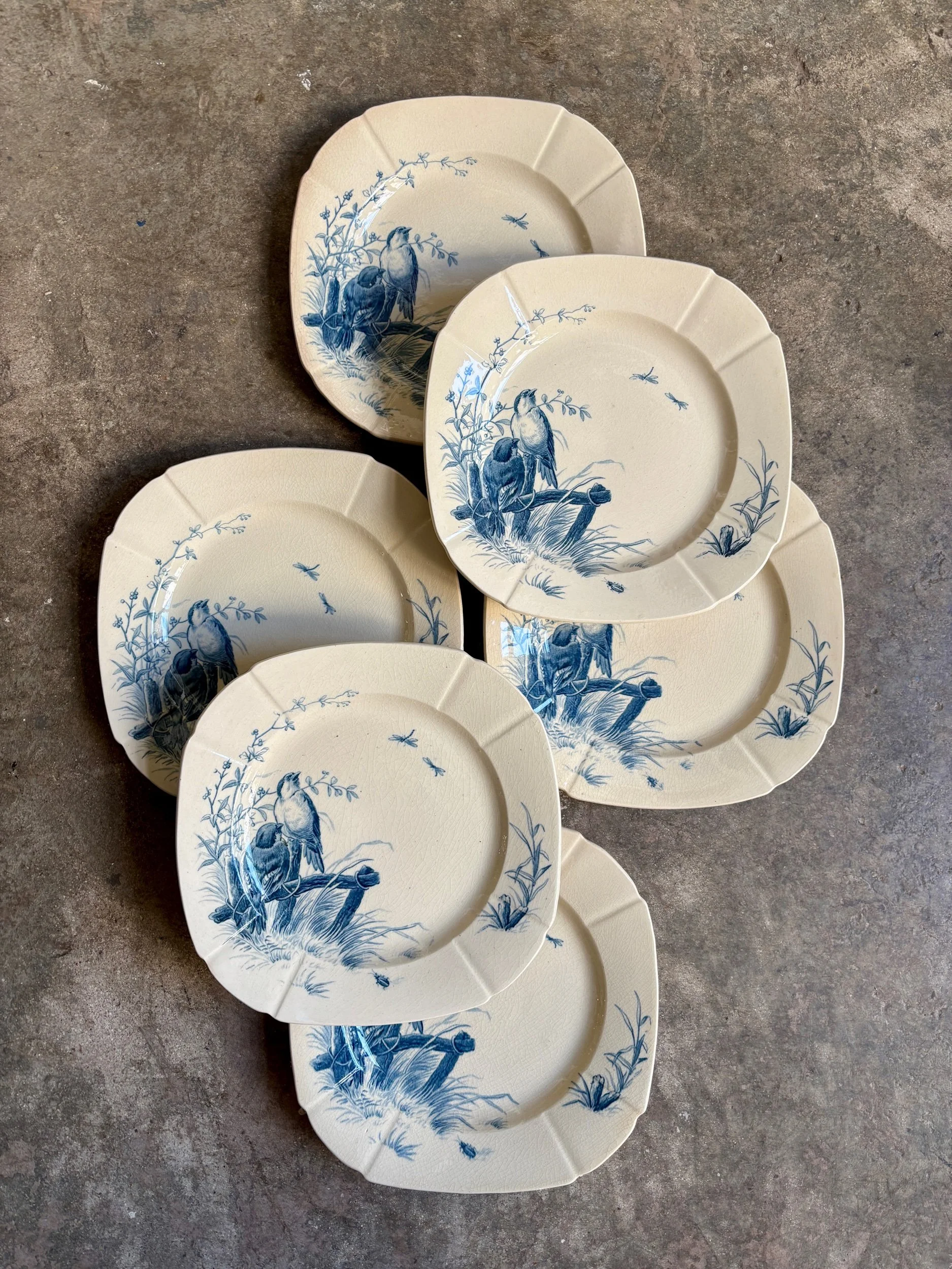 assiettes-dessert-gien-oiseaux-terre-fer-bleu-vaisselle-vintage-axs-design-paris-france-1