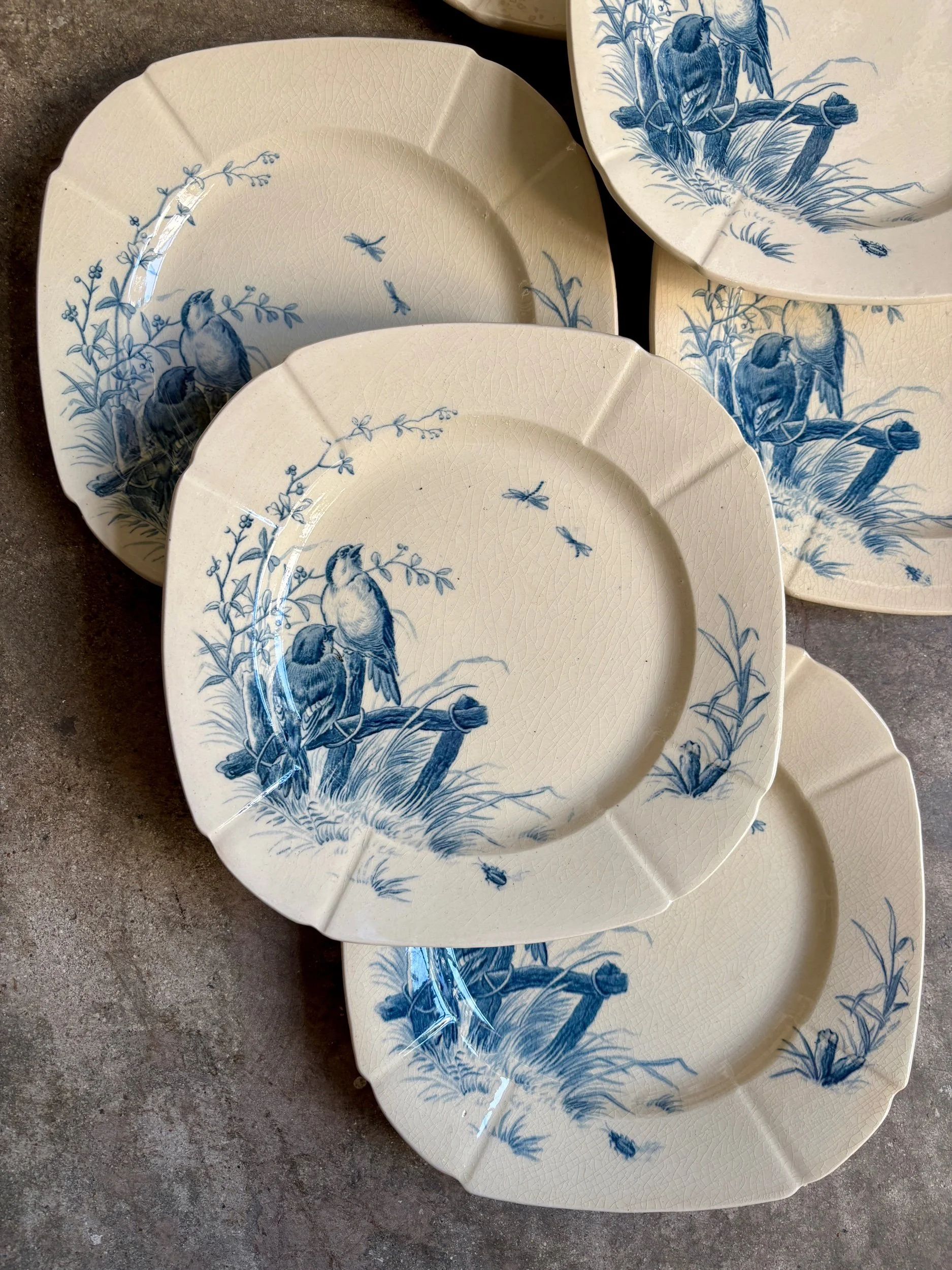 6 assiettes à dessert Gien en terre de fer bleue, service "Oiseaux" vers 1870 n°1