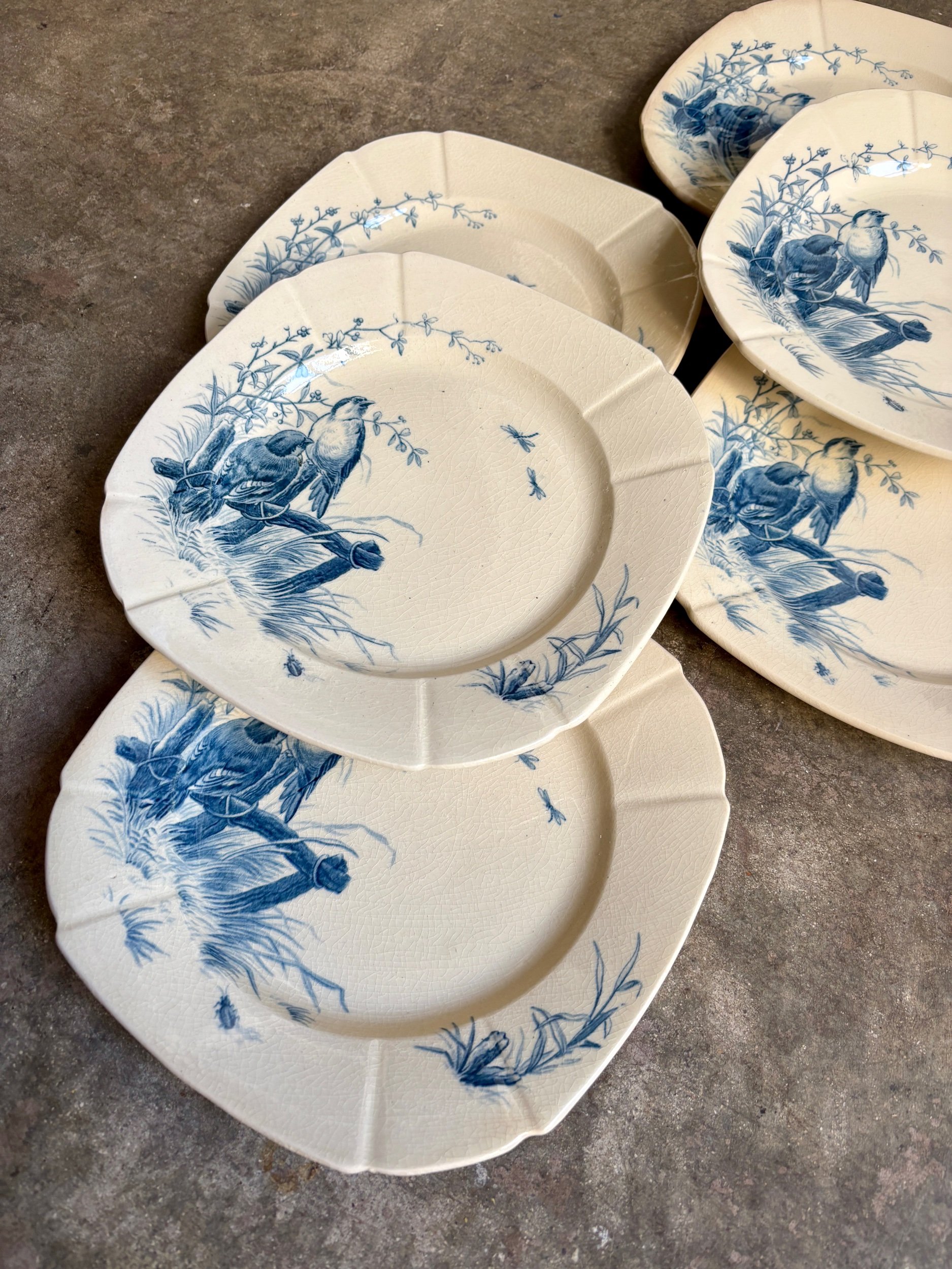 assiettes-dessert-gien-oiseaux-terre-fer-bleu-vaisselle-vintage-axs-design-paris-france-1