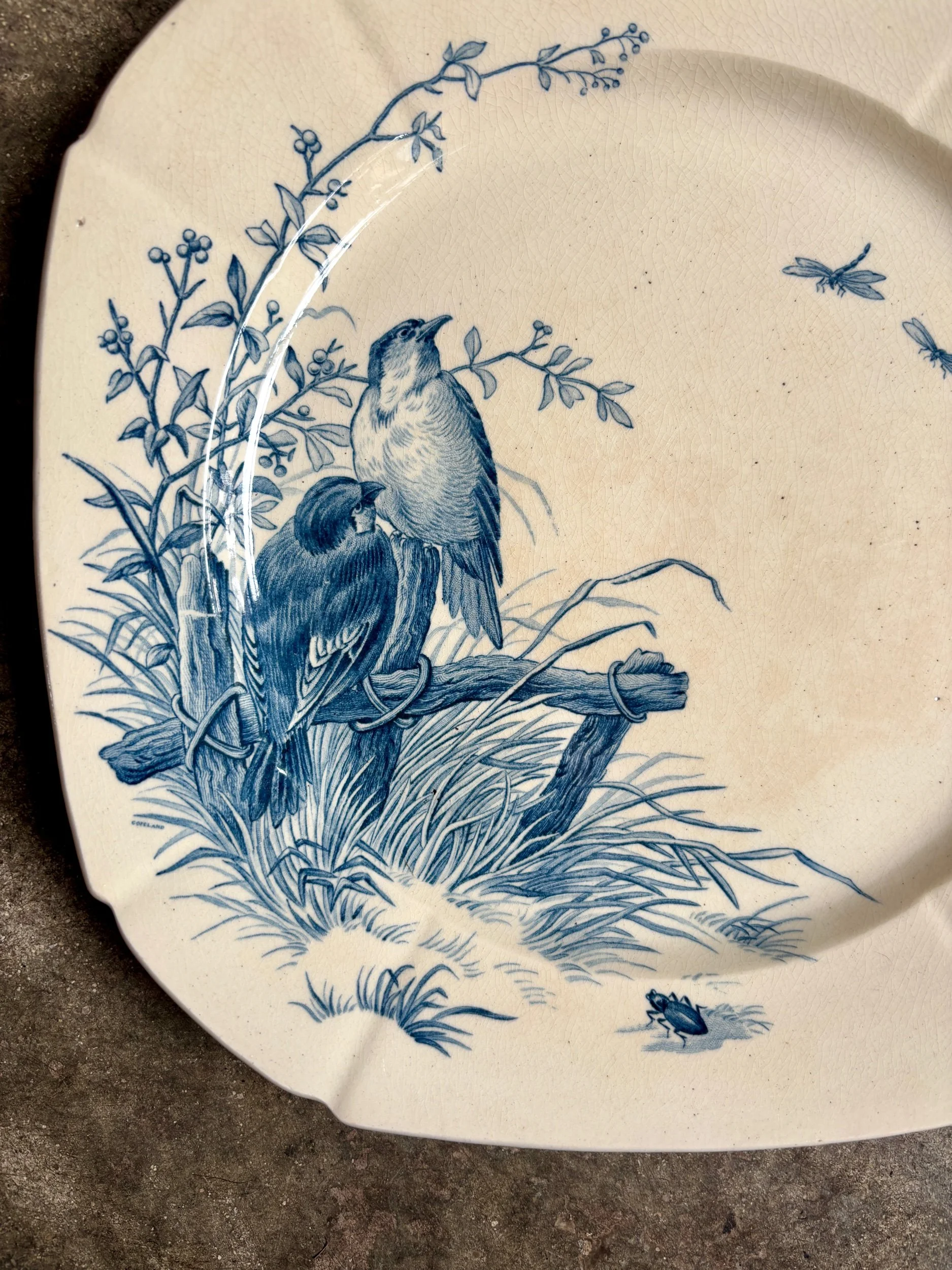 Assiette plate Gien en terre de fer bleue, service "Oiseaux" vers 1870 n°3